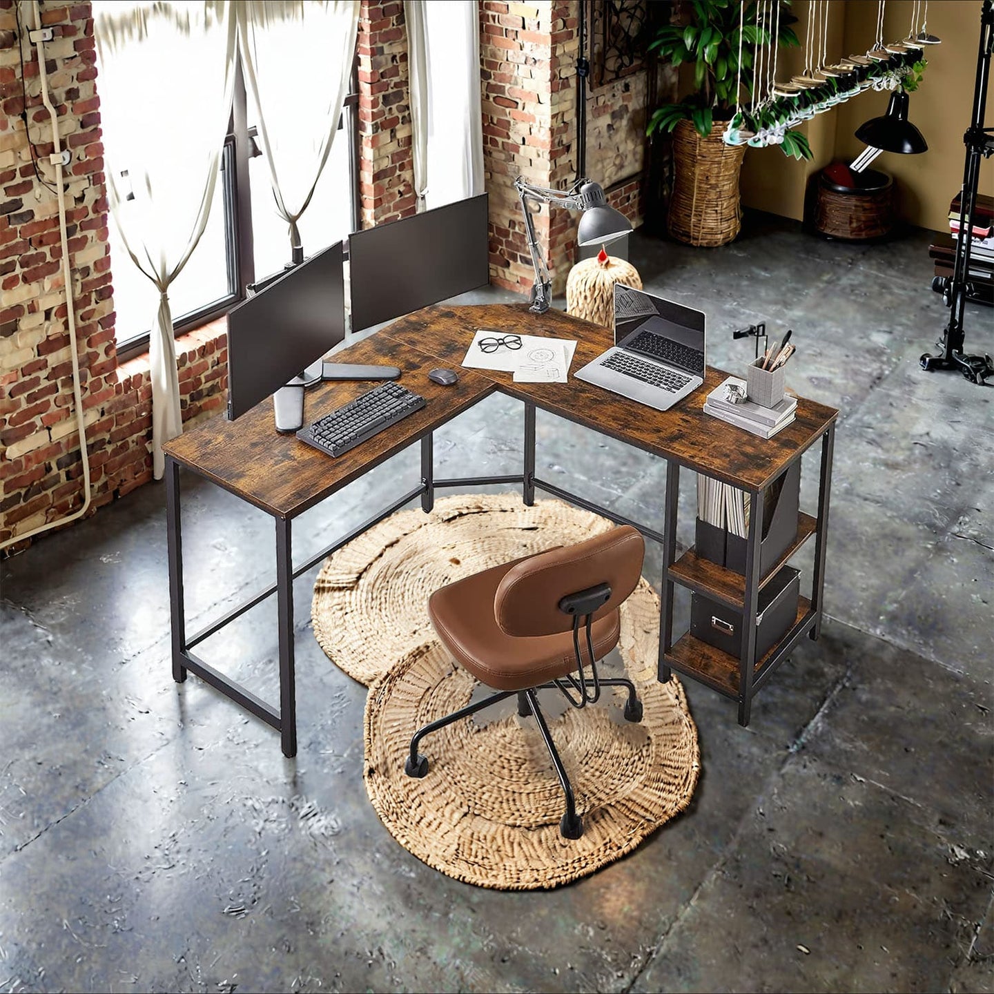 L-Shaped Office Desk - Wood - Brown and Black - Space-Saving Corner Design with 2 Shelves