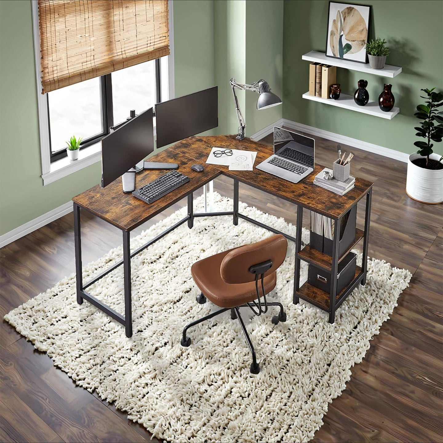 L-Shaped Office Desk - Wood - Brown and Black - Space-Saving Corner Design with 2 Shelves