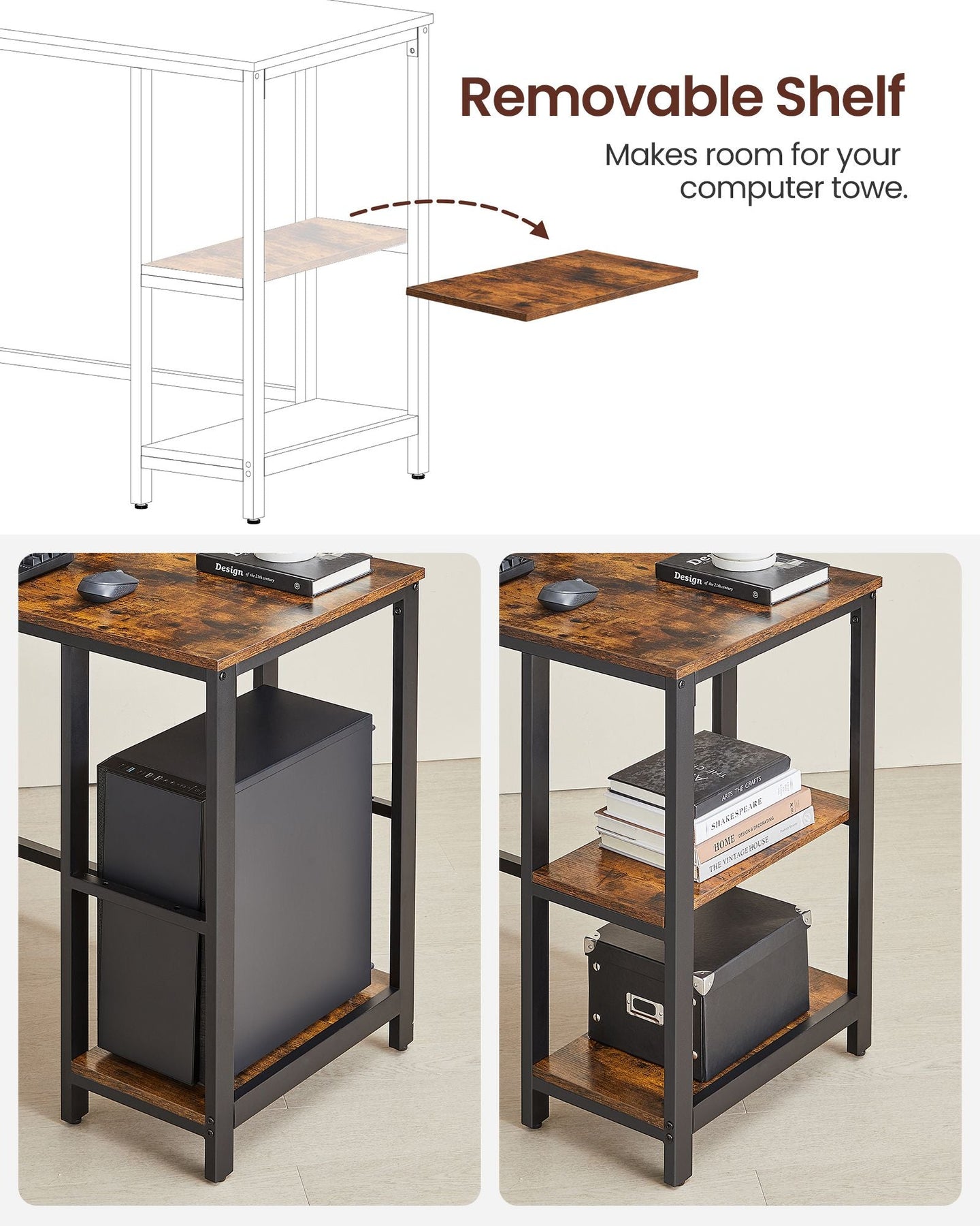 L-Shaped Writing Desk - Wood - Rustic Brown - Space-Saving with Shelf