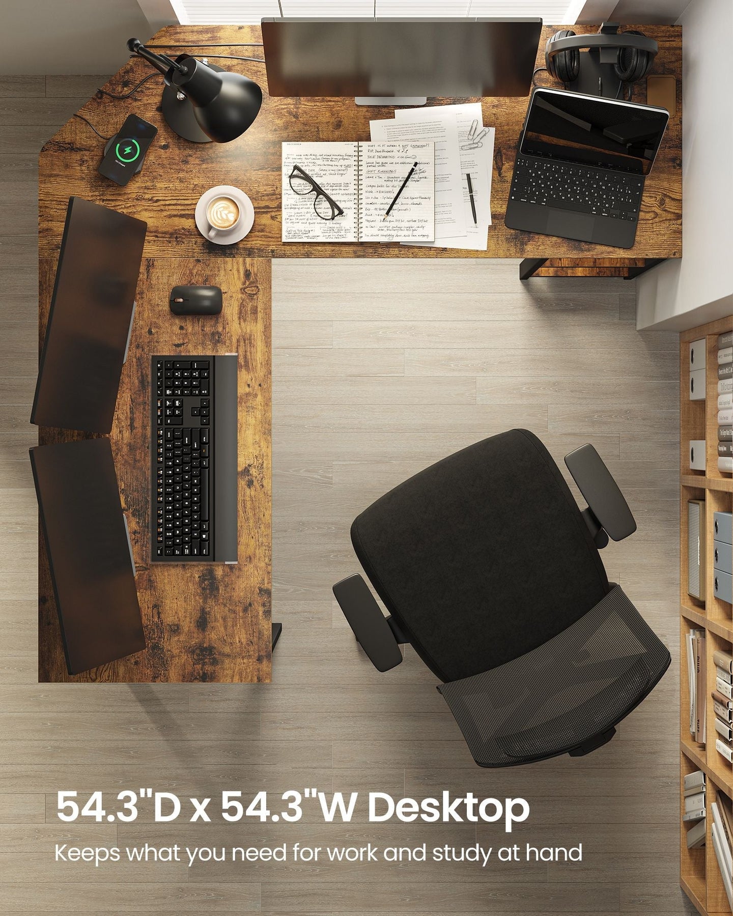L-Shaped Writing Desk - Wood - Rustic Brown - Space-Saving with Shelf
