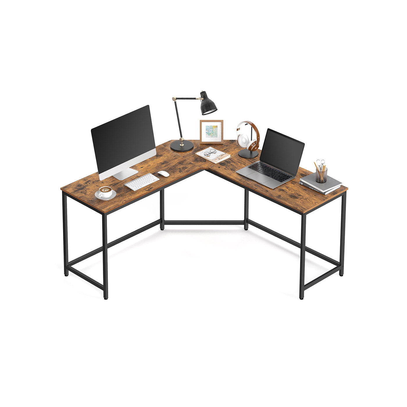 L-Shaped Corner Desk - Wood - Greige and Black