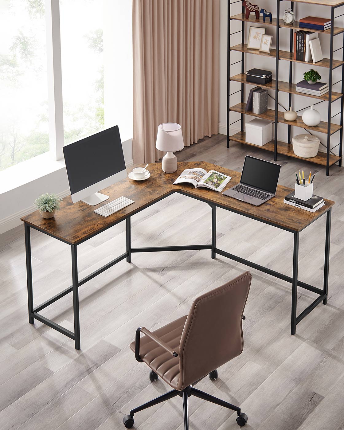L-Shaped Corner Desk - Wood - Greige and Black