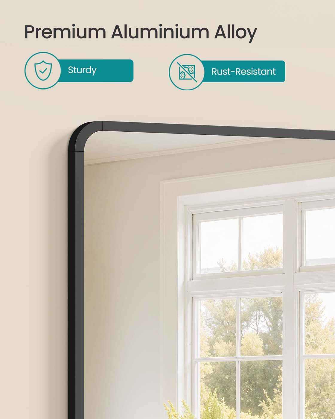 Wall Mounted Rectangular Mirror - Aluminium - Ink Black - Safety Film with Two Mounting Options
