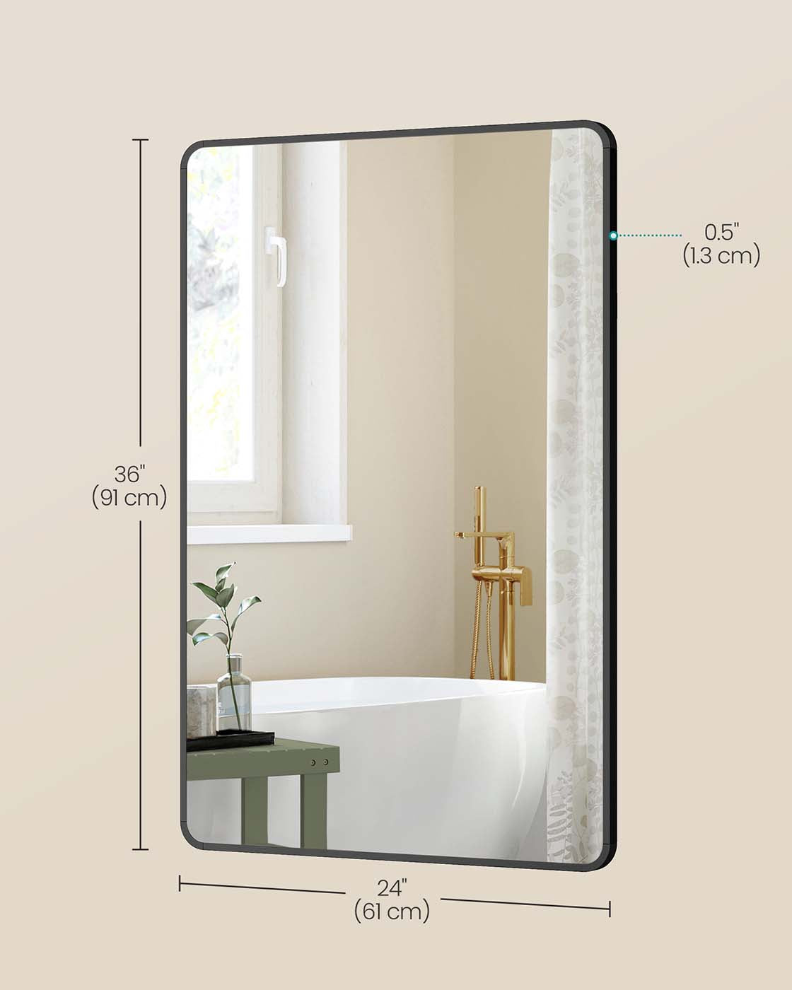 Wall Mounted Rectangular Mirror - Aluminium - Ink Black - Safety Film with Two Mounting Options