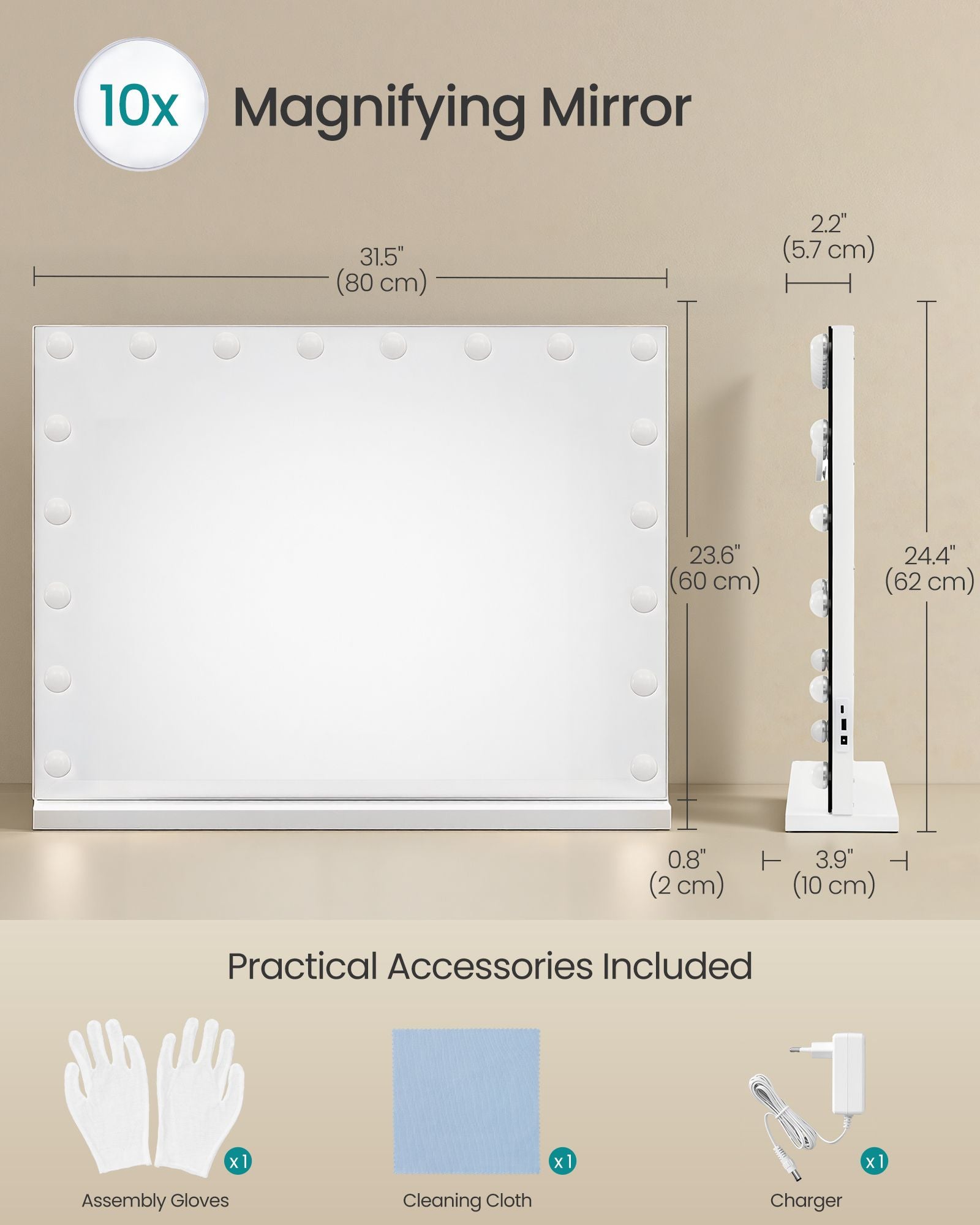 Hollywood Mirror - With Dimmable LED Lights - Matte White