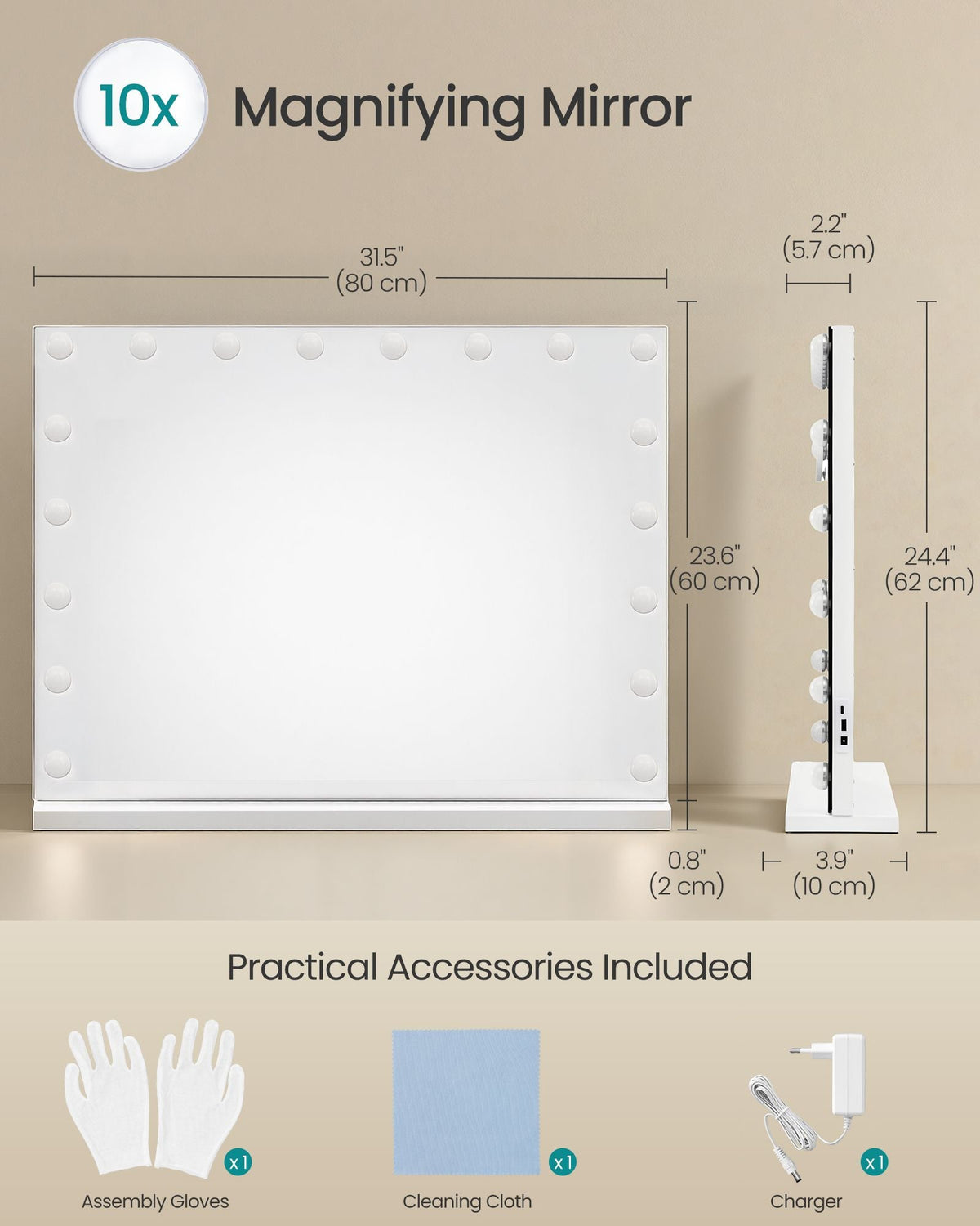 Hollywood Mirror - With Dimmable LED Lights - Matte White