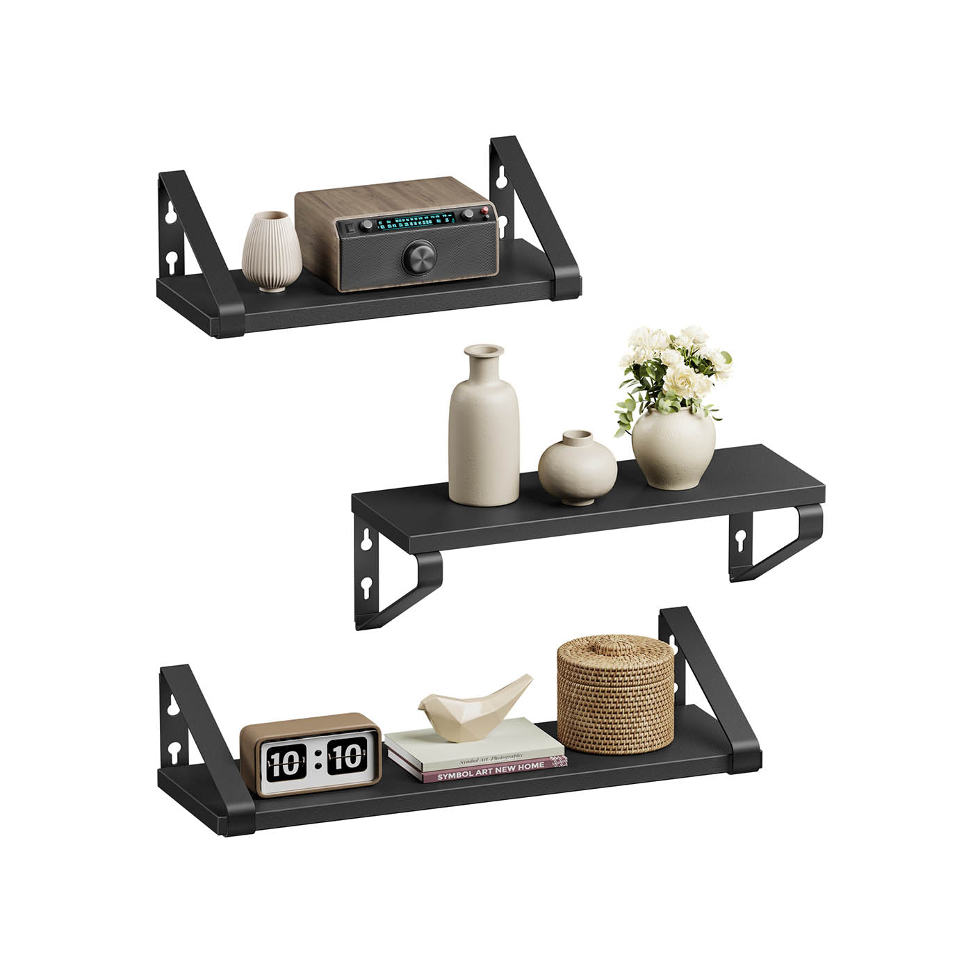 Set of 3 Floating Wall Shelves - Wood - Ink Black - Dual Mounting Options