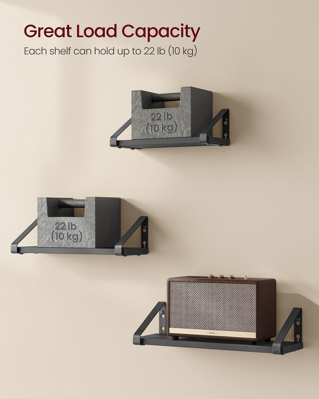 Set of 3 Floating Wall Shelves - Wood - Ink Black - Dual Mounting Options
