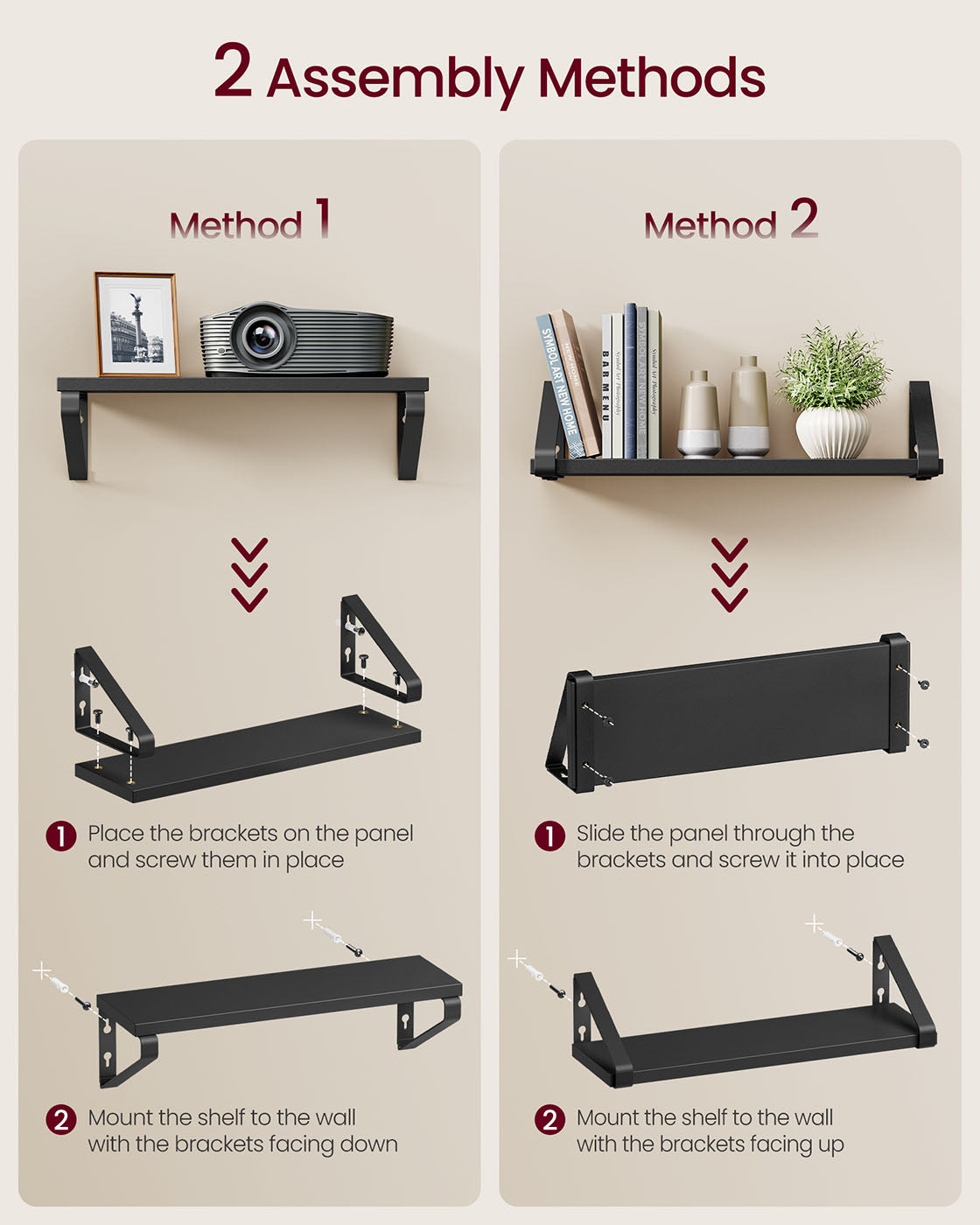 Set of 3 Floating Wall Shelves - Wood - Ink Black - Dual Mounting Options