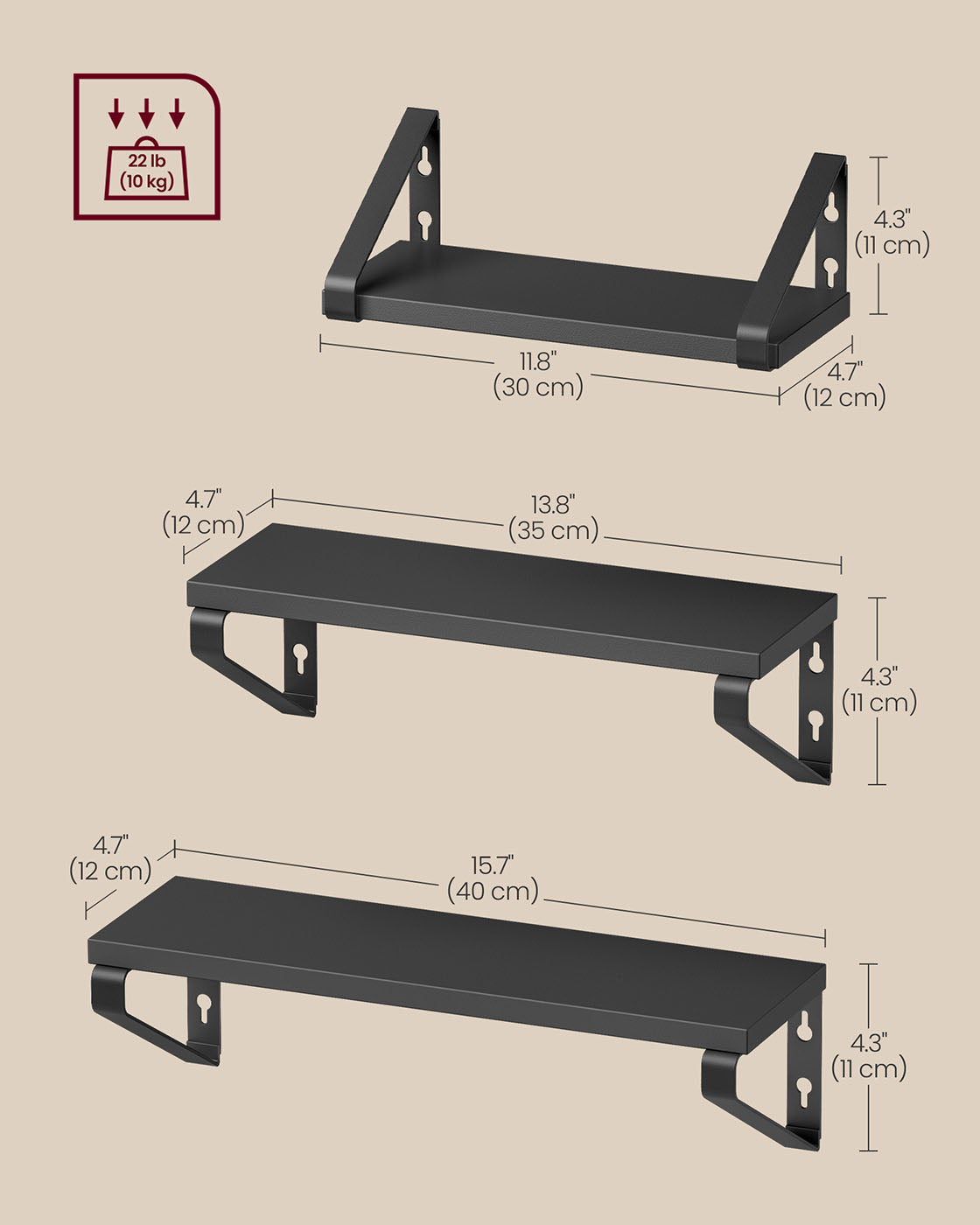 Set of 3 Floating Wall Shelves - Wood - Ink Black - Dual Mounting Options