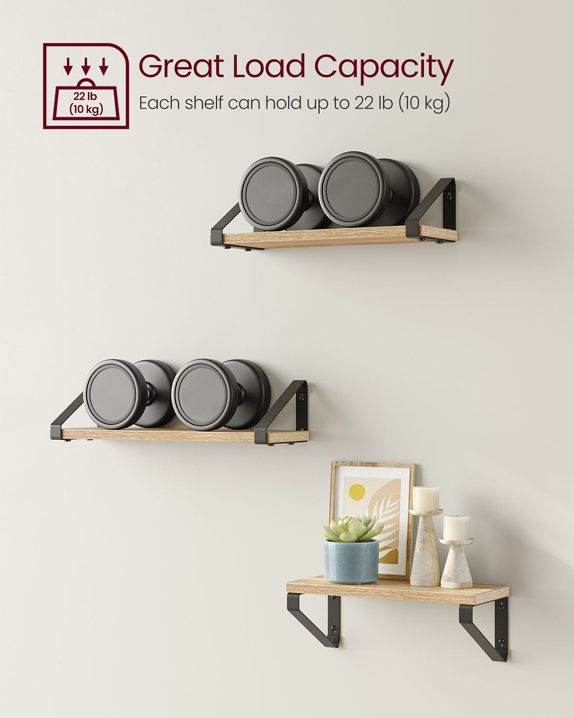 Set of 3 Floating Wall Shelves - Wood - Golden Oak - Dual Mounting Options
