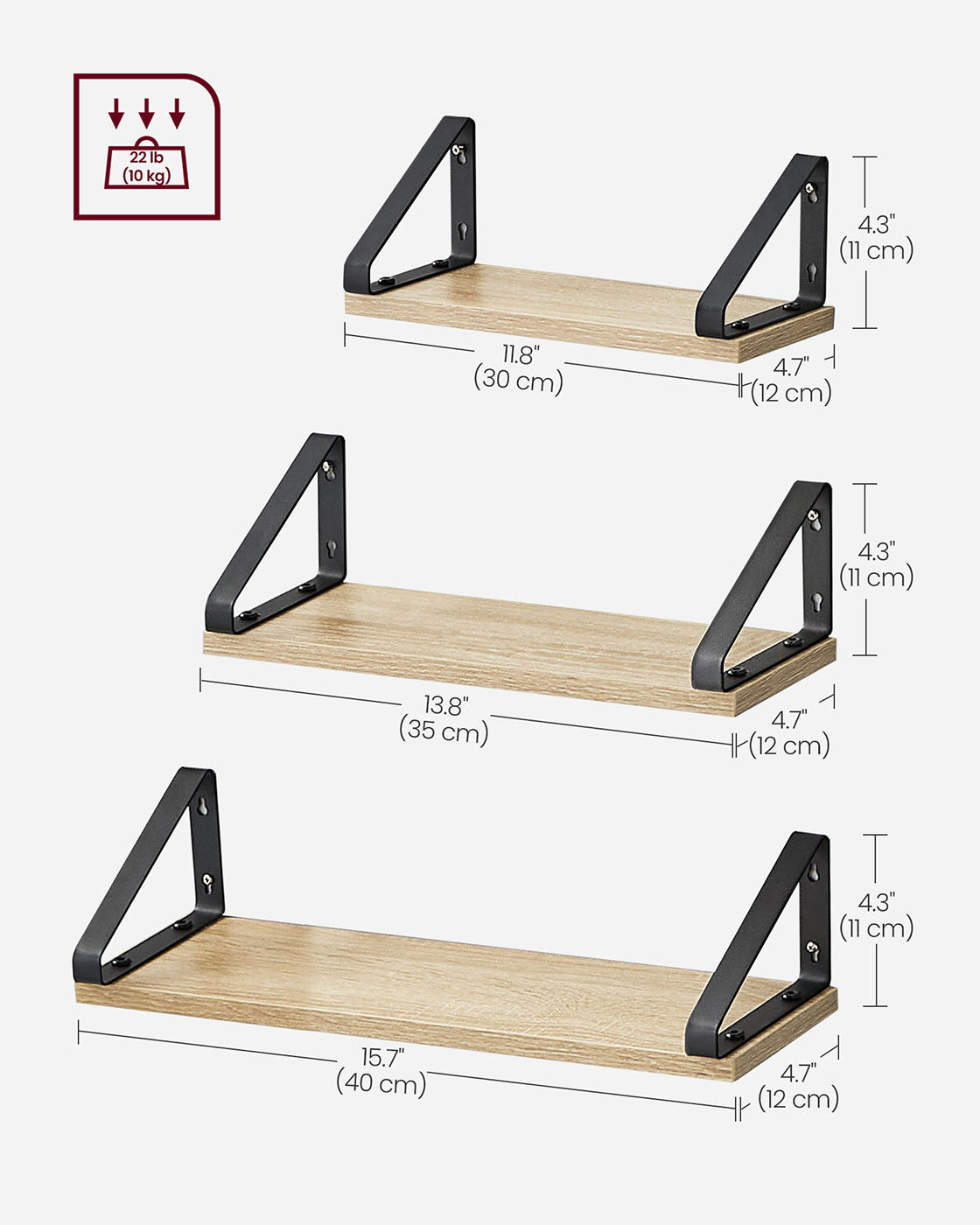 Set of 3 Floating Wall Shelves - Wood - Golden Oak - Dual Mounting Options