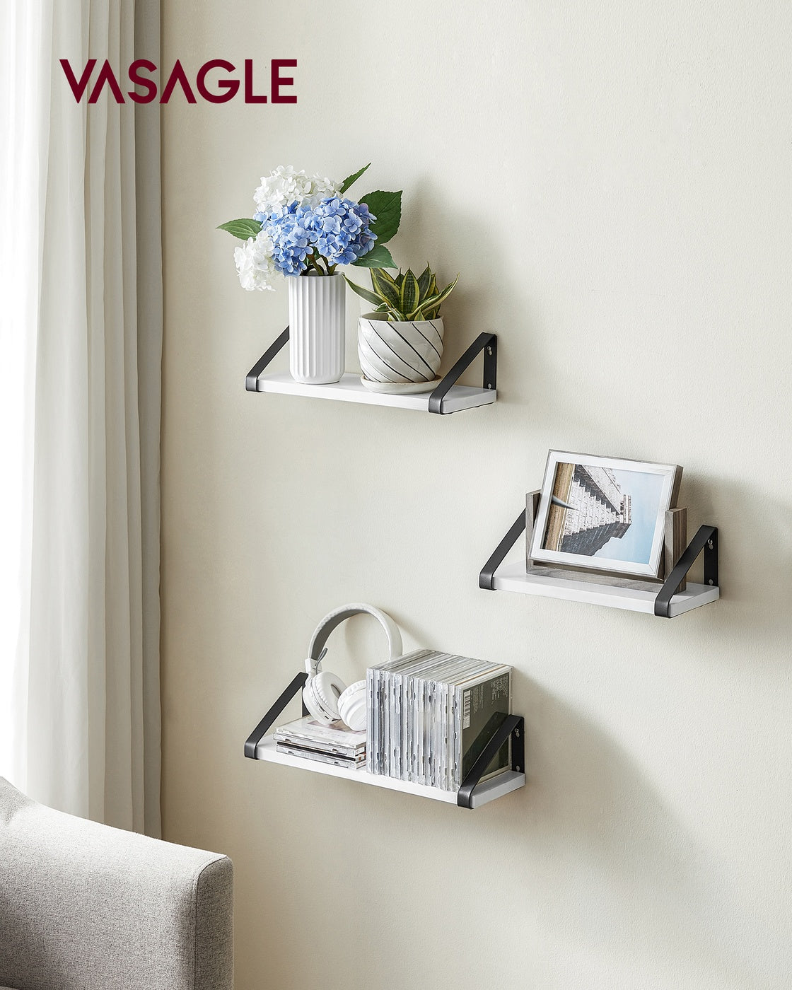 Wall Shelves Floating Shelves Set of 3 30 35 Cloud White and Matte Black - Wood and Steel - Cloud White