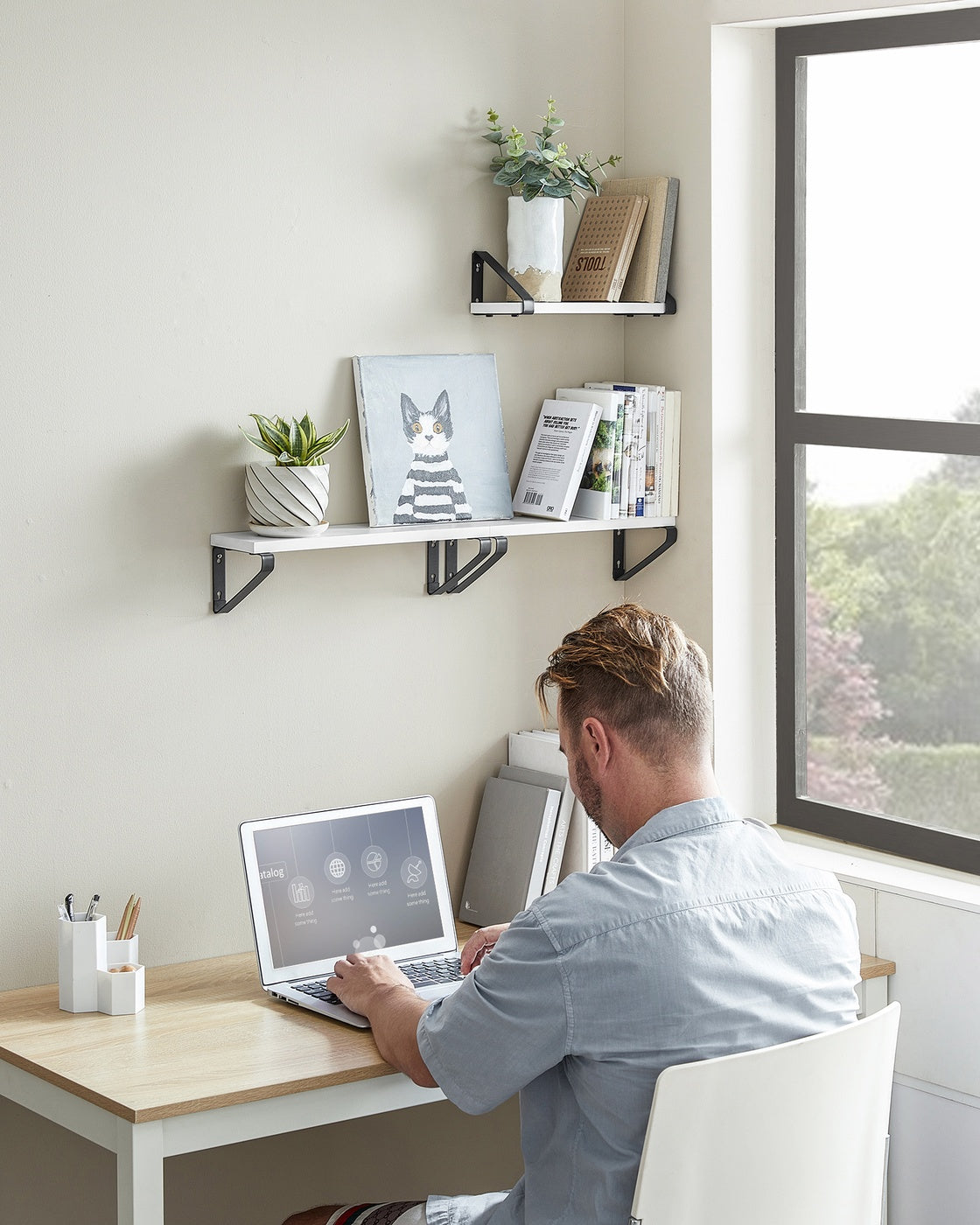 Wall Shelves Floating Shelves Set of 3 30 35 Cloud White and Matte Black - Wood and Steel - Cloud White