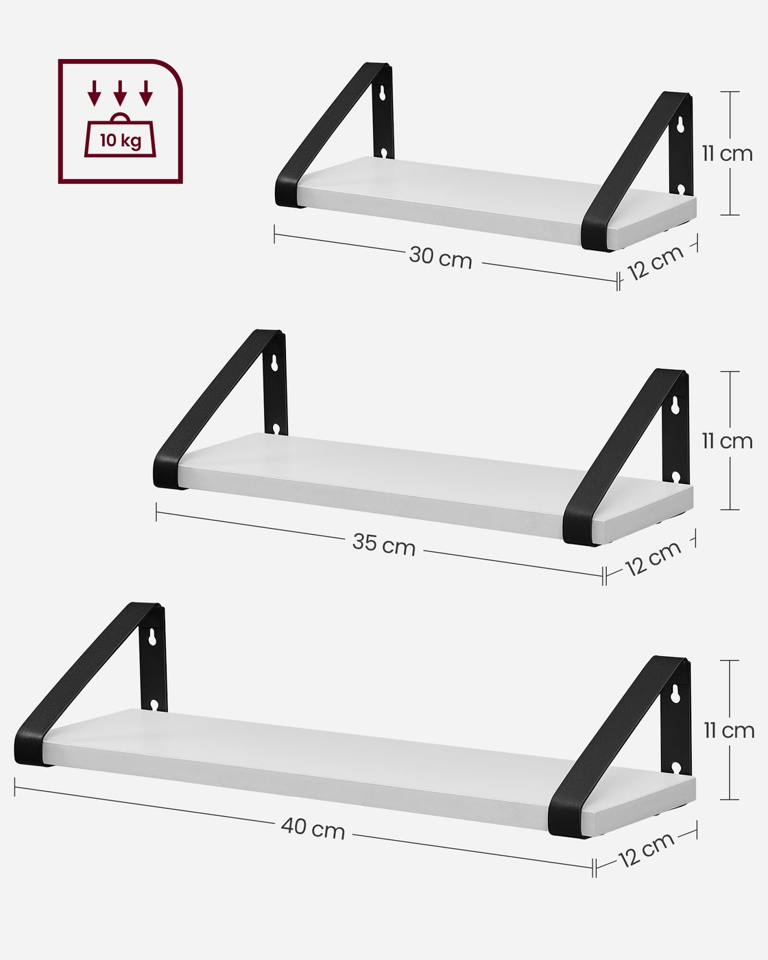 Wall Shelves Floating Shelves Set of 3 30 35 Cloud White and Matte Black - Wood and Steel - Cloud White