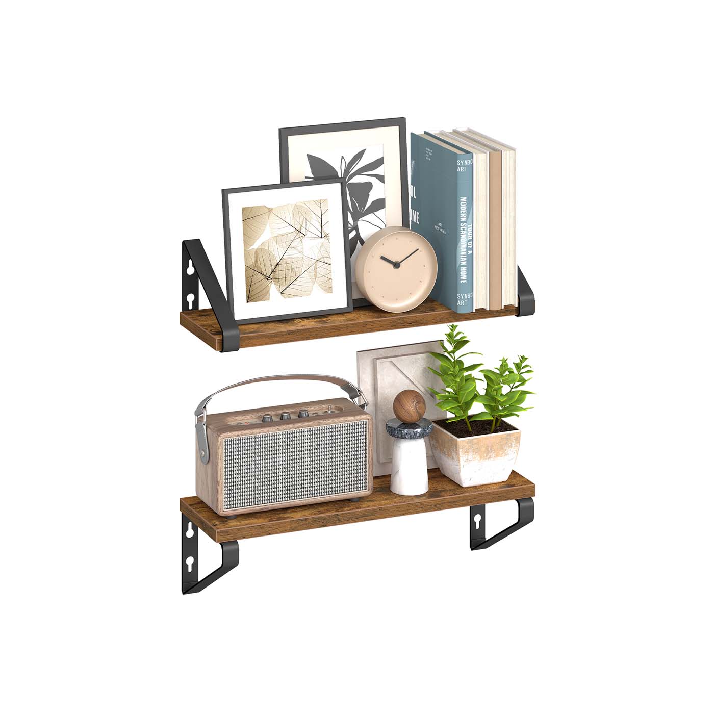 Set of 2 Floating Wall Shelves - Wood - Rustic Brown - Dual Mounting Options