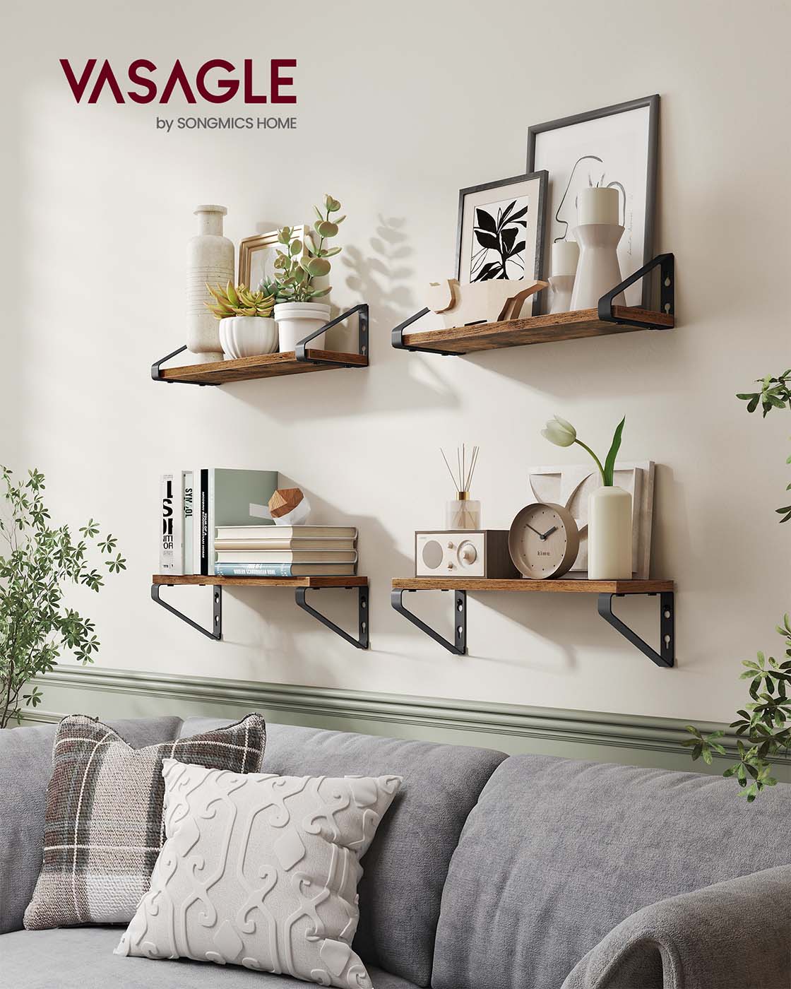 Set of 2 Floating Wall Shelves - Wood - Rustic Brown - Dual Mounting Options