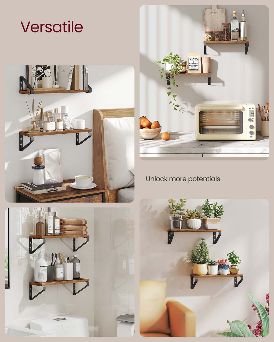 Set of 2 Floating Wall Shelves - Wood - Rustic Brown - Dual Mounting Options