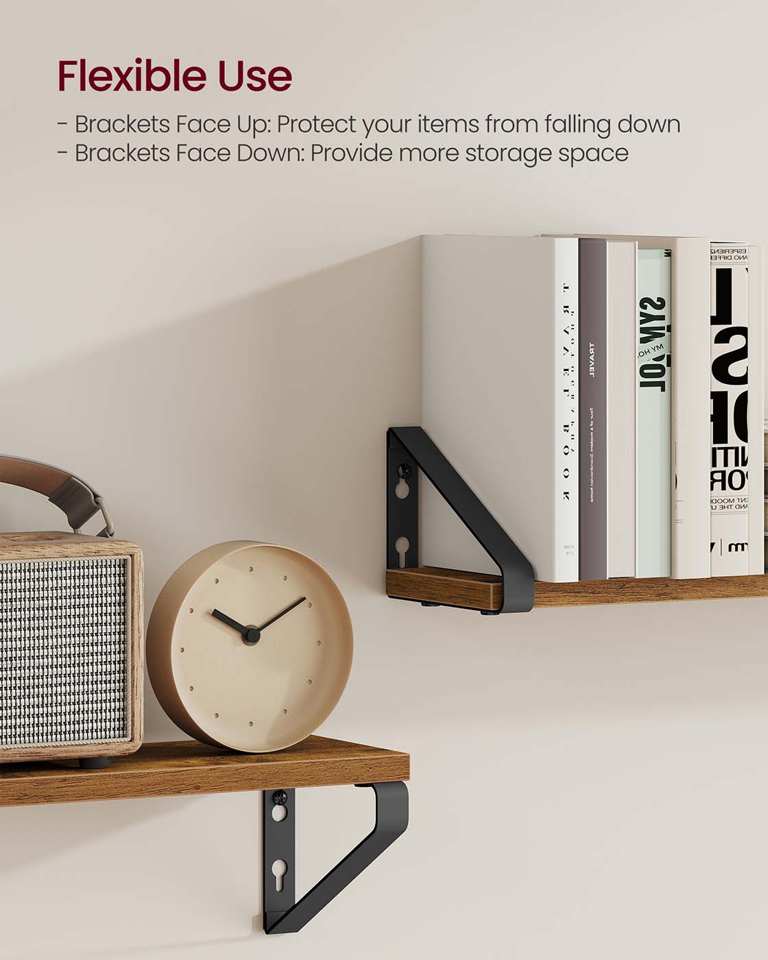 Set of 2 Floating Wall Shelves - Wood - Rustic Brown - Dual Mounting Options