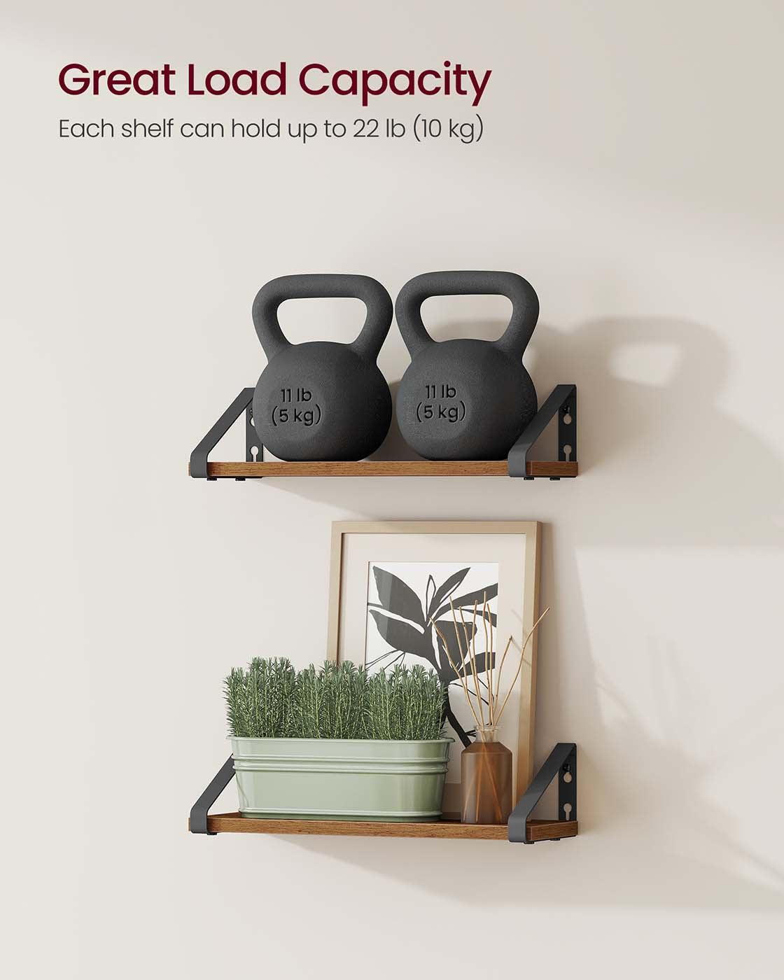 Set of 2 Floating Wall Shelves - Wood - Rustic Brown - Dual Mounting Options
