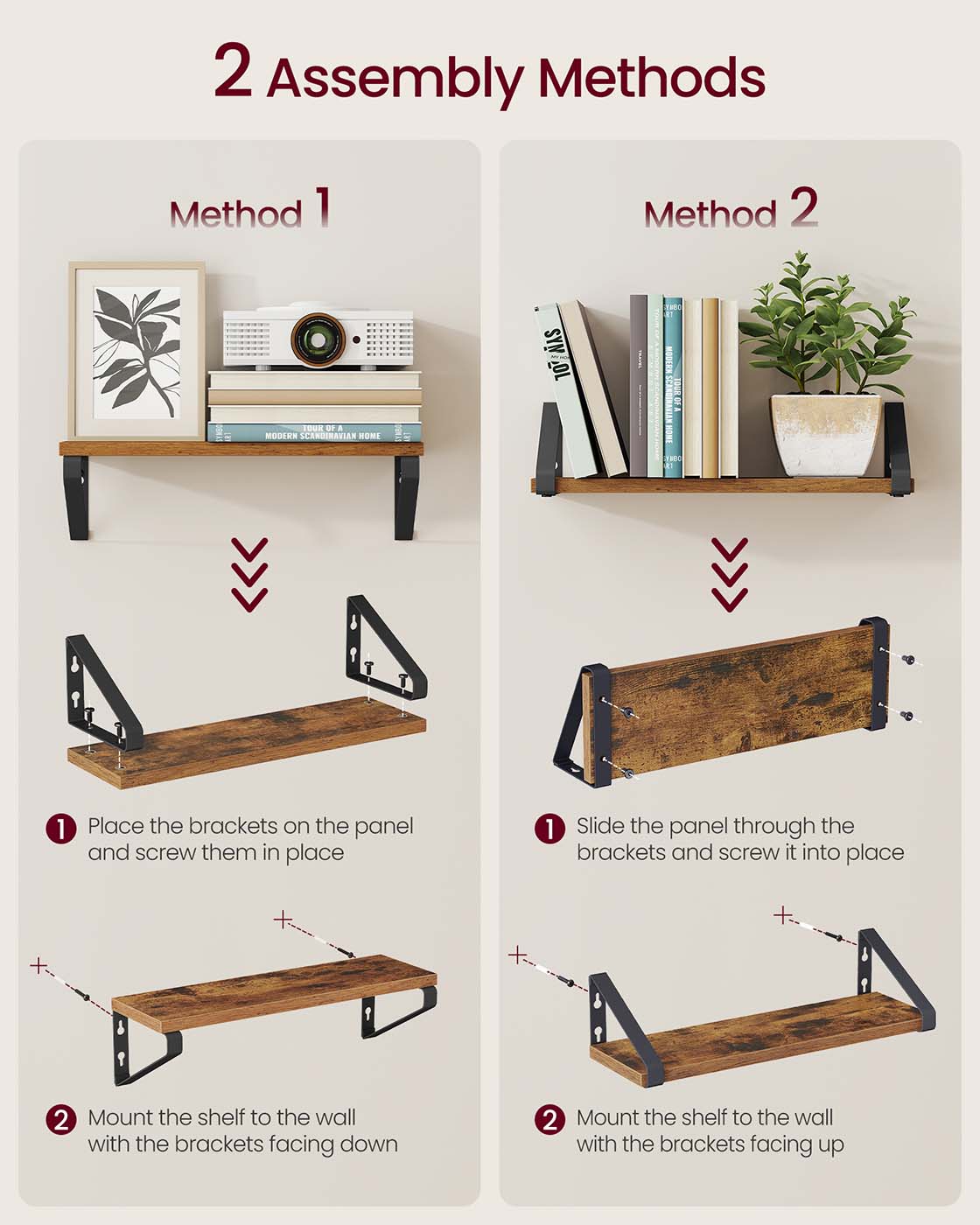 Set of 2 Floating Wall Shelves - Wood - Rustic Brown - Dual Mounting Options