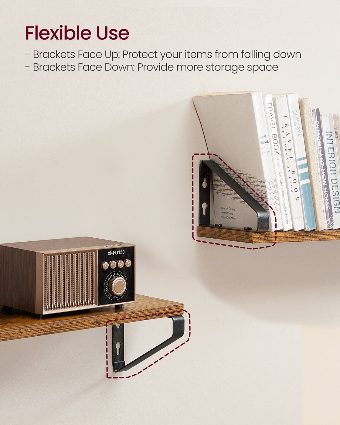 Set of 3 Wall Mounted Floating Shelves - Wood - Rustic Brown - Versatile 2 Mounting Options
