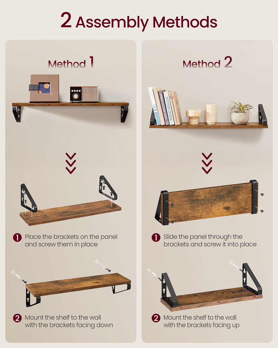 Set of 3 Wall Mounted Floating Shelves - Wood - Rustic Brown - Versatile 2 Mounting Options