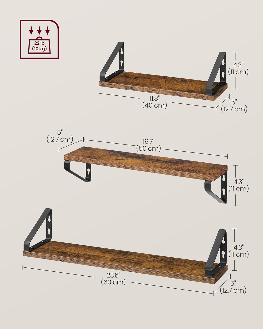 Set of 3 Wall Mounted Floating Shelves - Wood - Rustic Brown - Versatile 2 Mounting Options