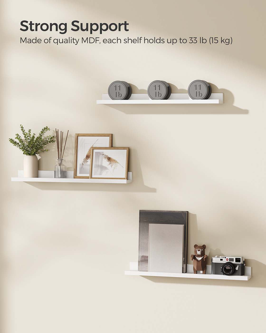 Set of 3 Floating Shelves - MDF - Matte White - Versatile Display for Home and Office