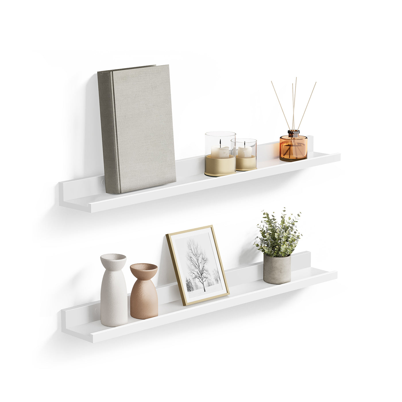 Set of 2 Floating Wall Shelves - Wood - Matte White - Front-Edge Design for Picture Frames and Trinkets