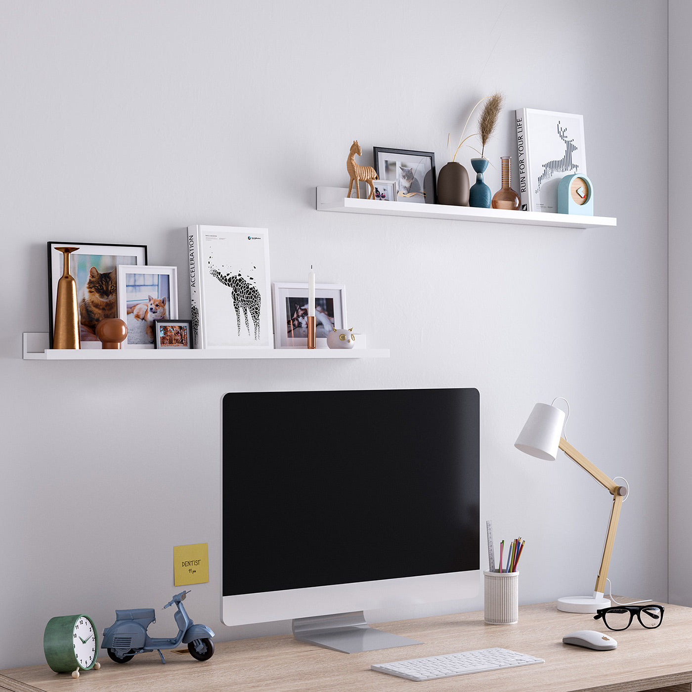 Set of 2 Floating Wall Shelves - Wood - Matte White - Front-Edge Design for Picture Frames and Trinkets