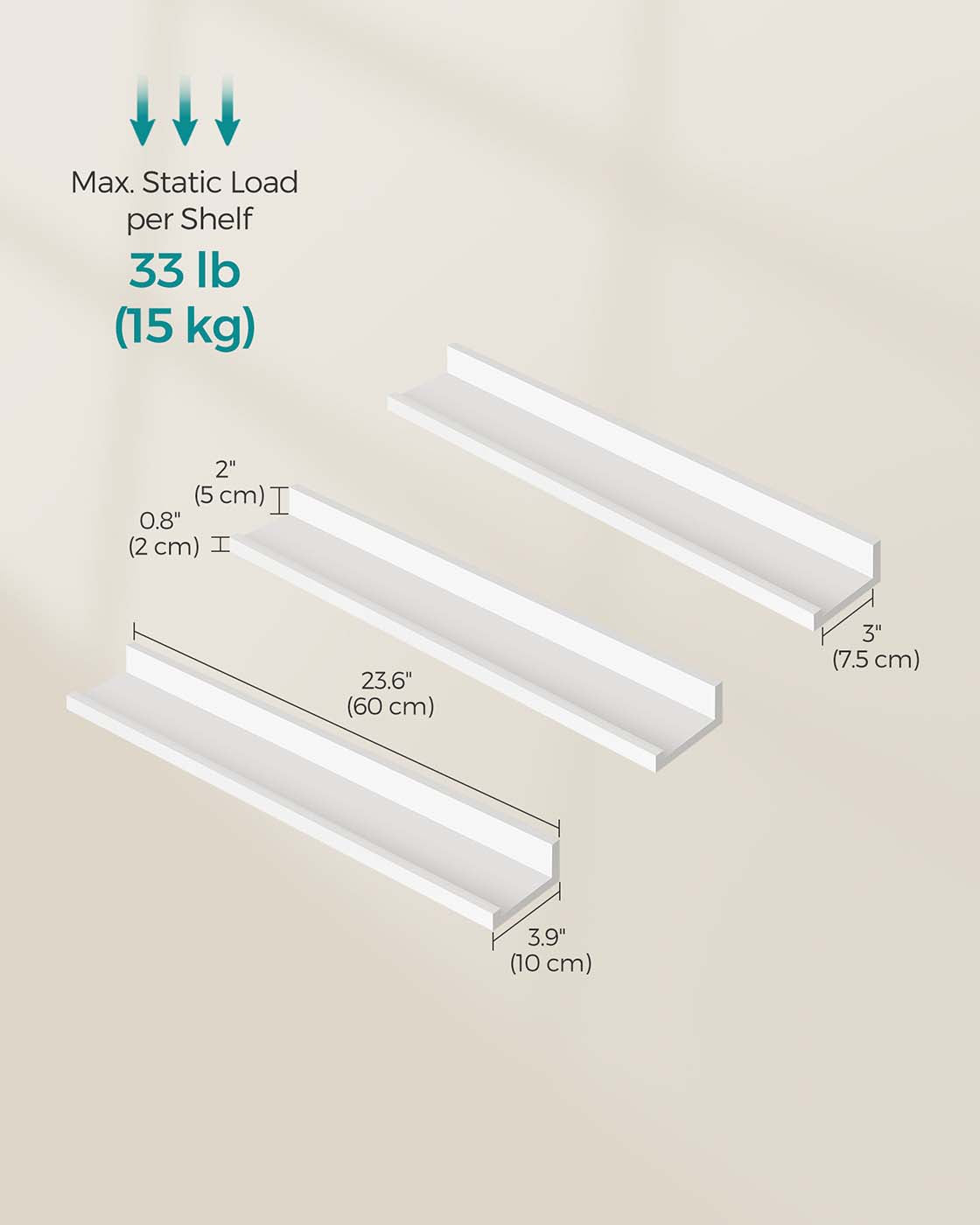 Floating Shelves - Set of 3, 10 x 80 cm - MDF - White - High-Gloss Finish