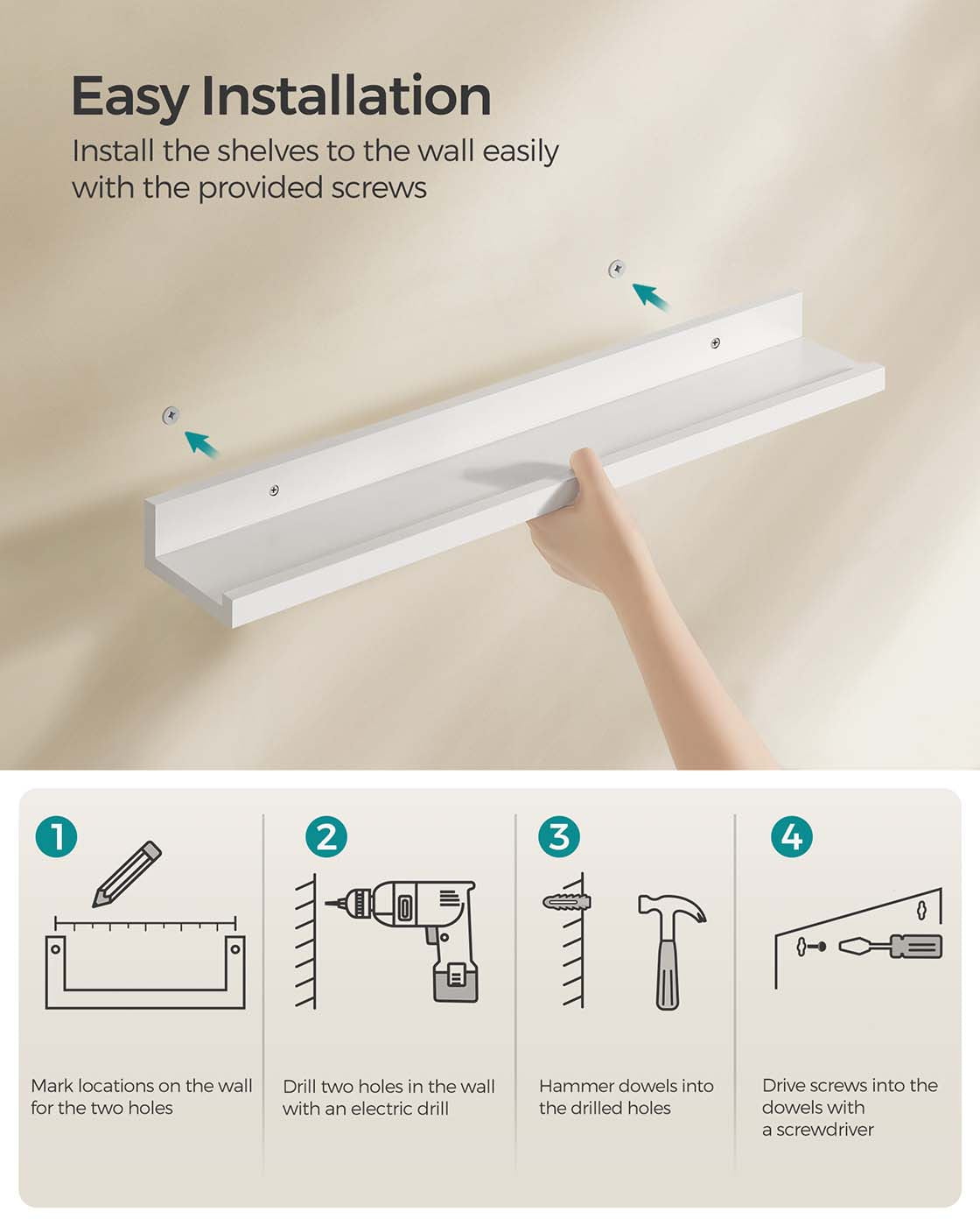 Floating Shelves - Set of 3, 10 x 80 cm - MDF - White - High-Gloss Finish