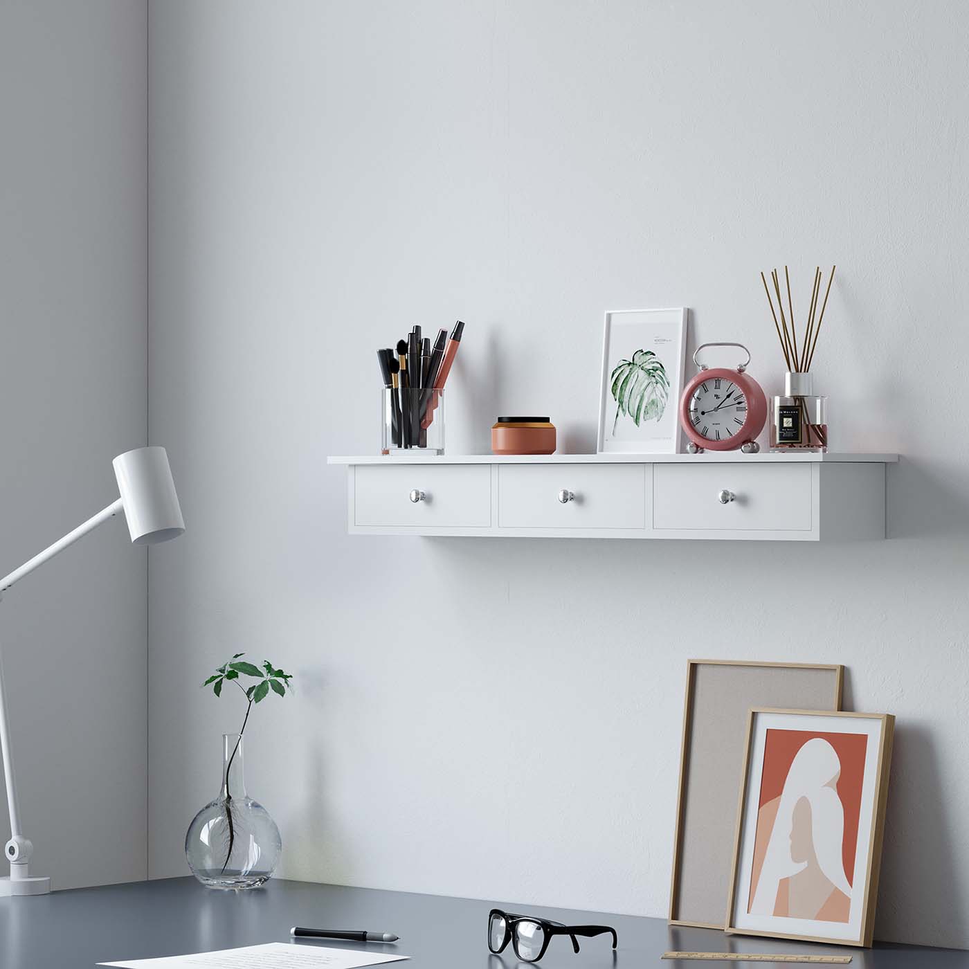 Floating Wall Shelf - 3 Drawers - White - High Gloss Finish