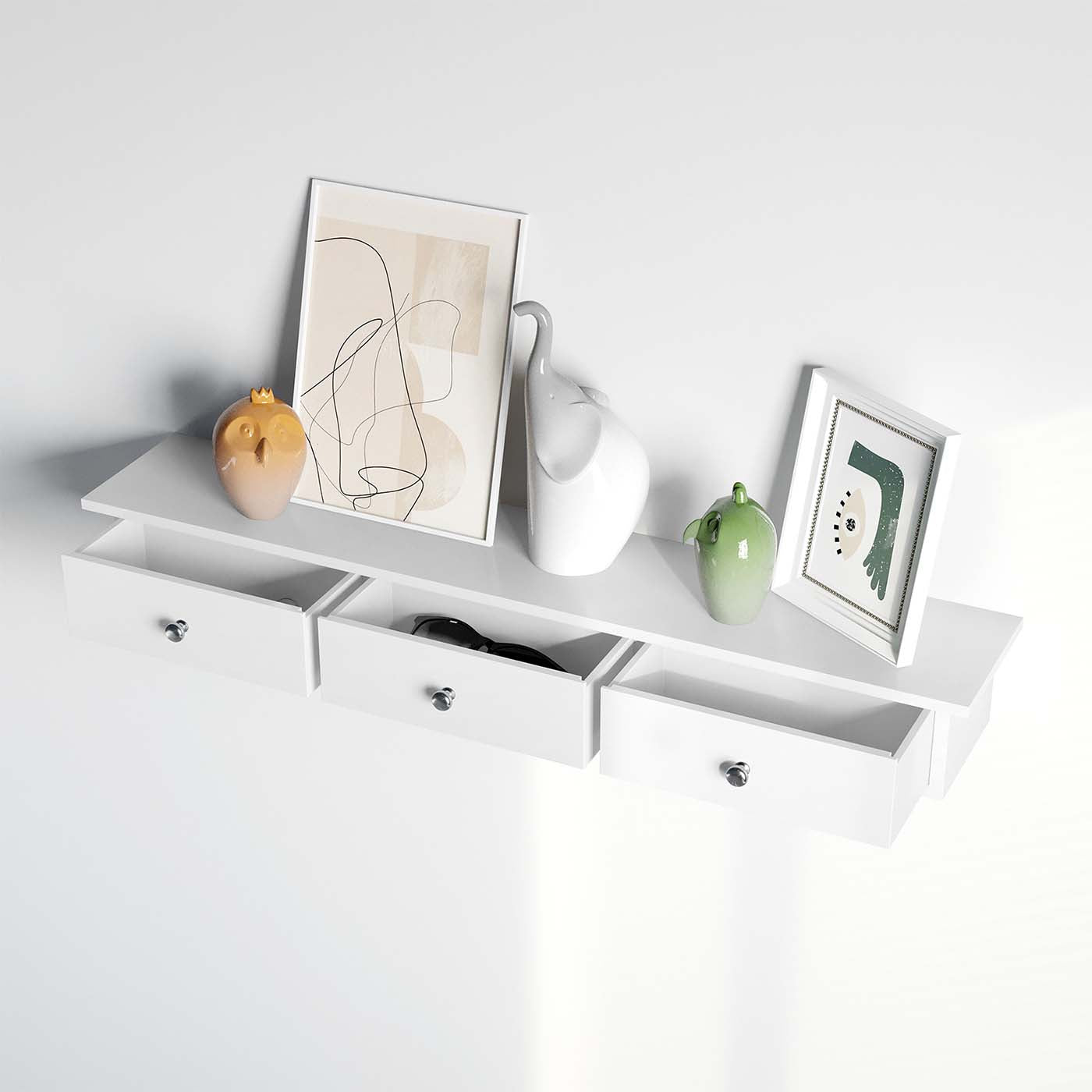 Floating Wall Shelf - 3 Drawers - White - High Gloss Finish