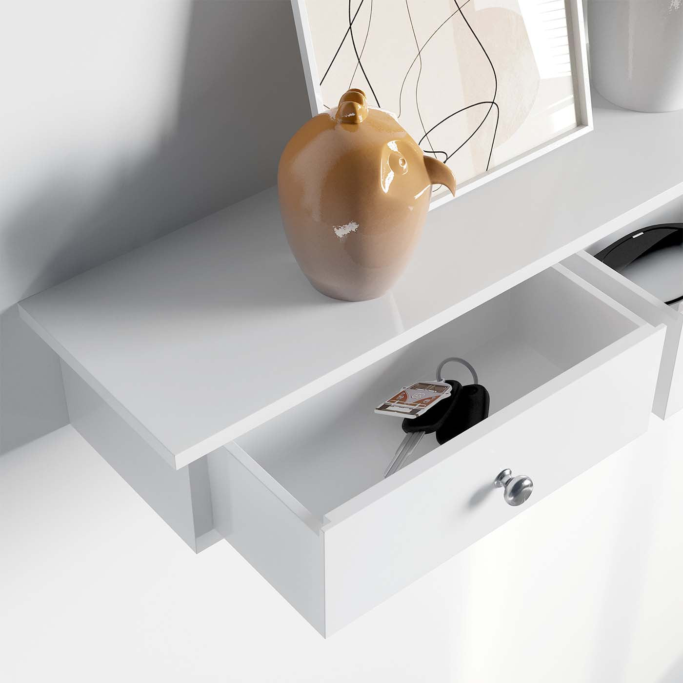 Floating Wall Shelf - 3 Drawers - White - High Gloss Finish