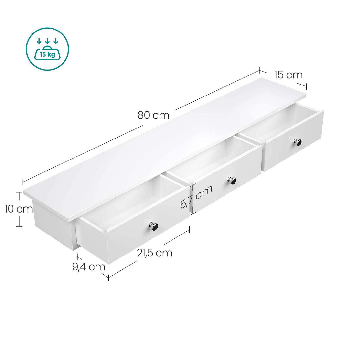 Floating Wall Shelf - 3 Drawers - White - High Gloss Finish