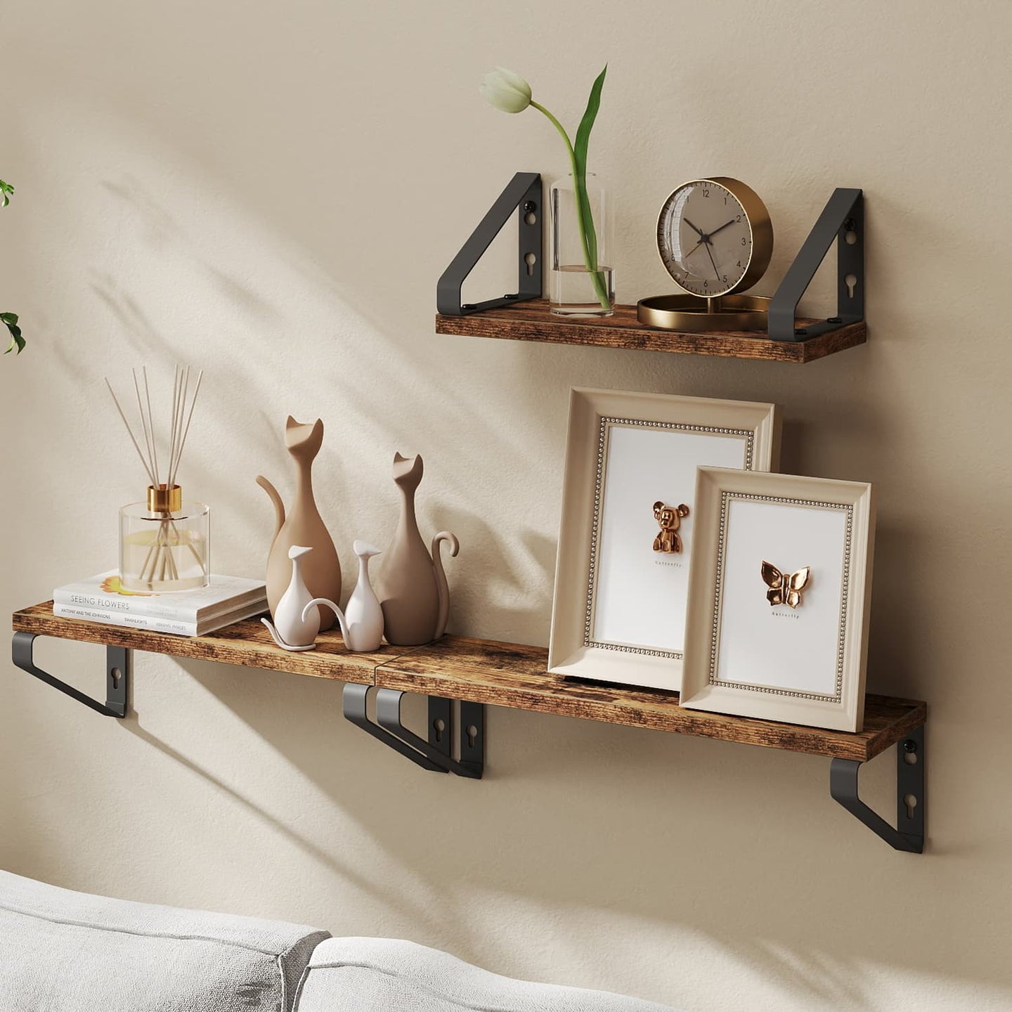 Set of 3 Wall Mounted Floating Shelves - Wood - Rustic Brown - Versatile Mounting Options