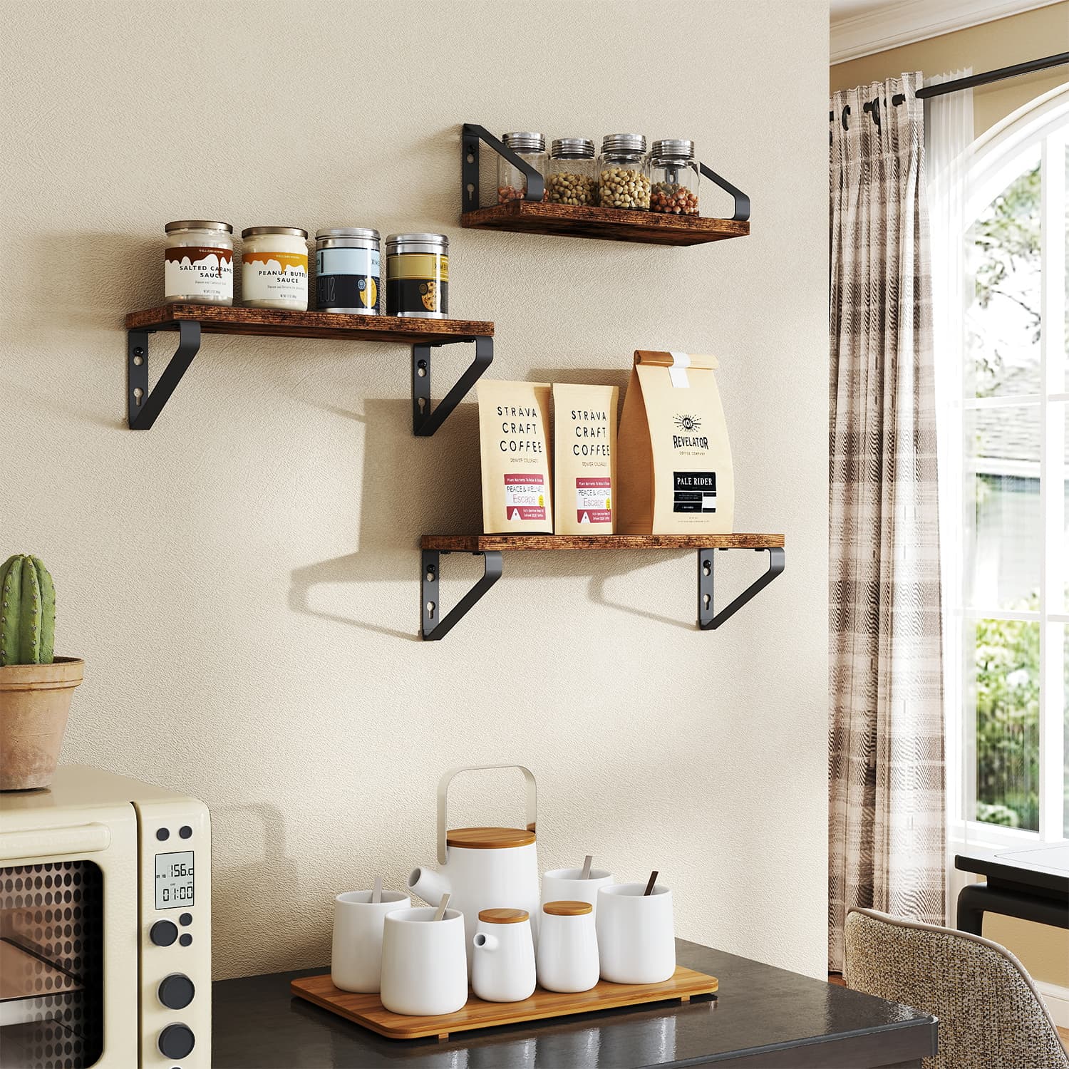 Set of 3 Wall Mounted Floating Shelves - Wood - Rustic Brown - Versatile Mounting Options