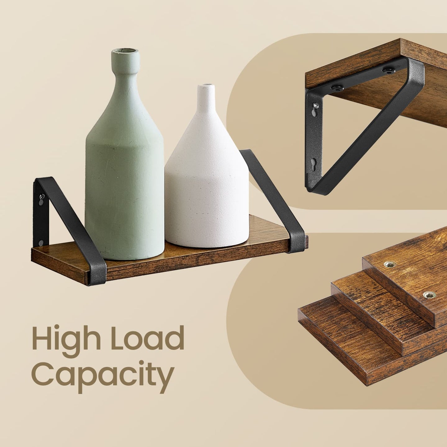 Set of 3 Wall Mounted Floating Shelves - Wood - Rustic Brown - Versatile Mounting Options