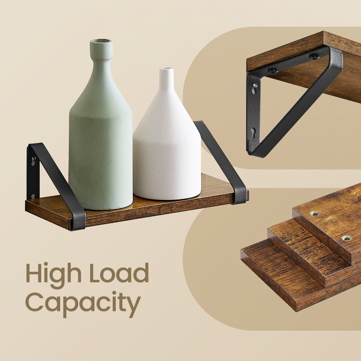 Set of 3 Wall Mounted Floating Shelves - Wood - Rustic Brown - Versatile Mounting Options