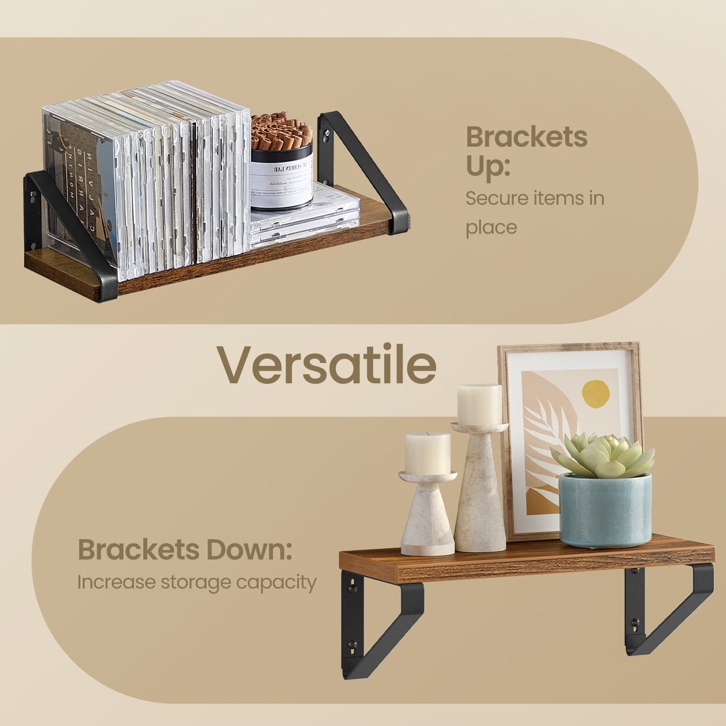 Set of 3 Wall Mounted Floating Shelves - Wood - Rustic Brown - Versatile Mounting Options