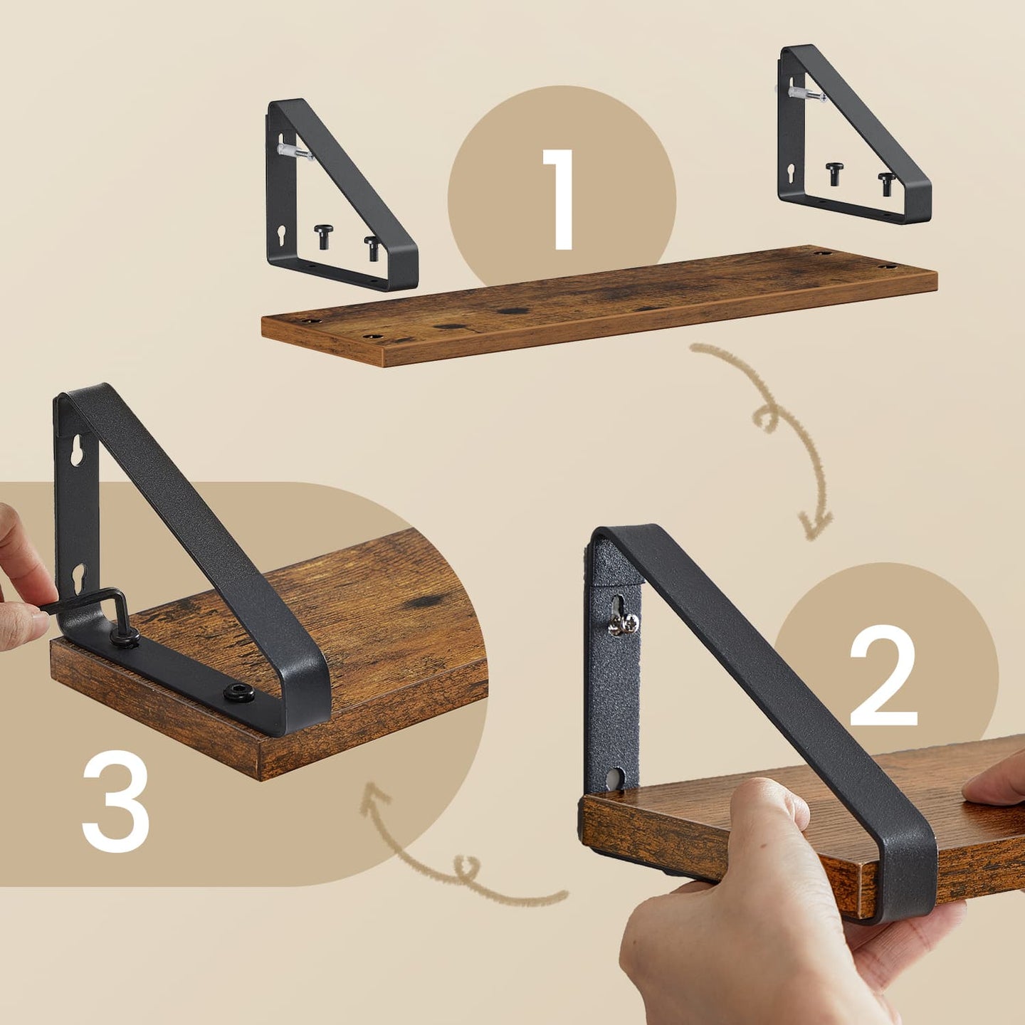 Set of 3 Wall Mounted Floating Shelves - Wood - Rustic Brown - Versatile Mounting Options