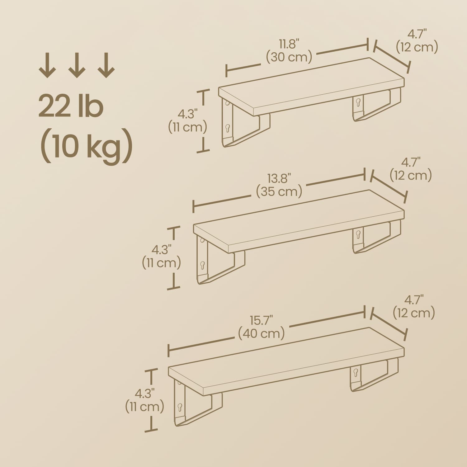 Set of 3 Wall Mounted Floating Shelves - Wood - Rustic Brown - Versatile Mounting Options
