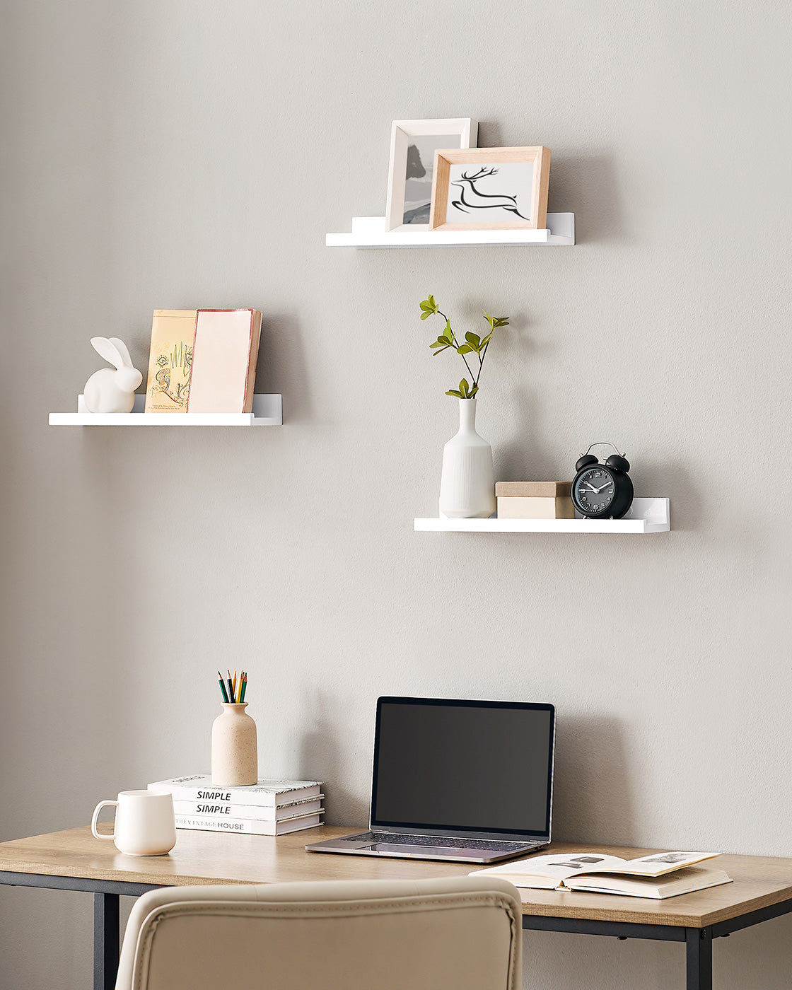 Floating Ledge Shelf - Wood - White - Set of 3 with Invisible Assembly