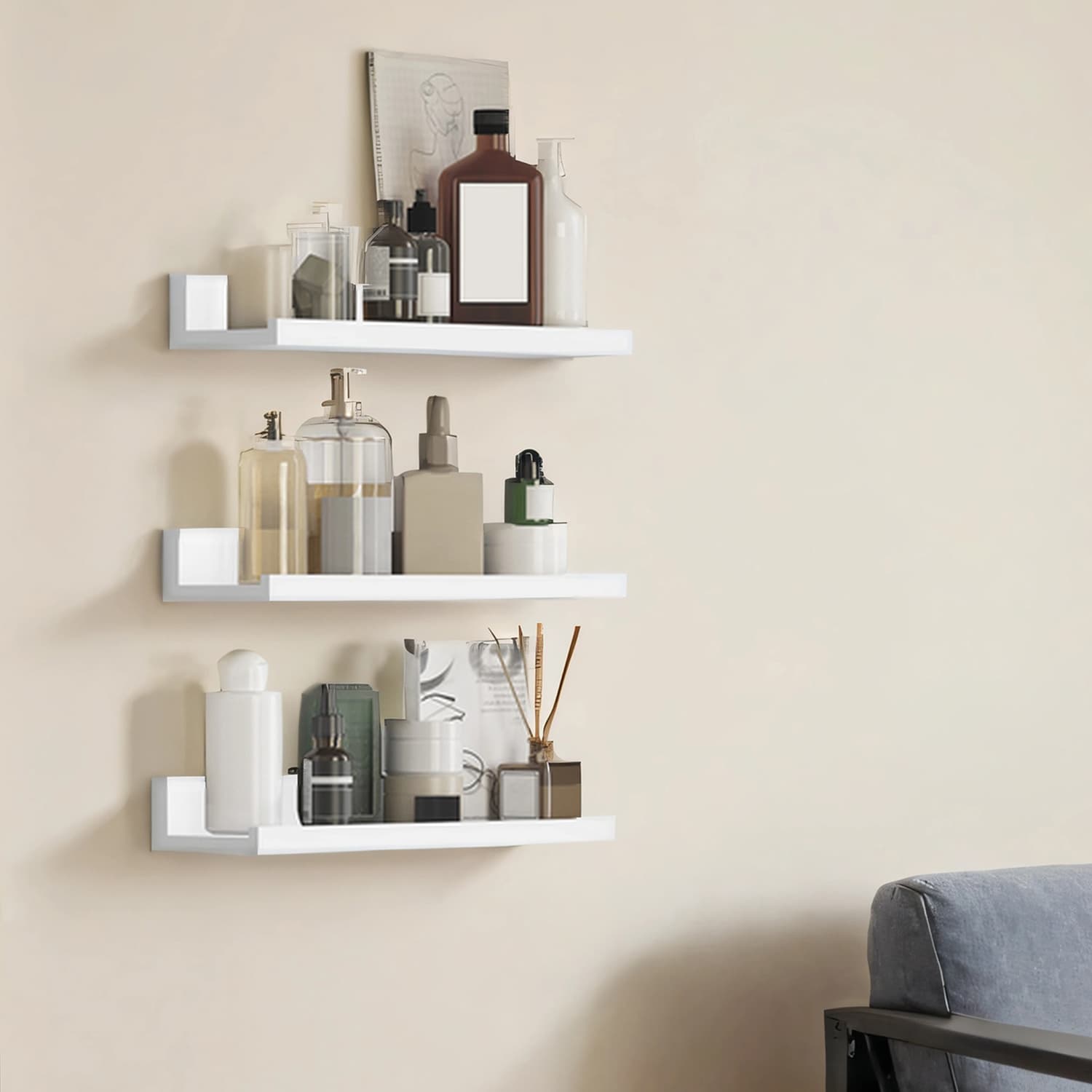 Floating Wall Shelves - Wood - White - Set of 3