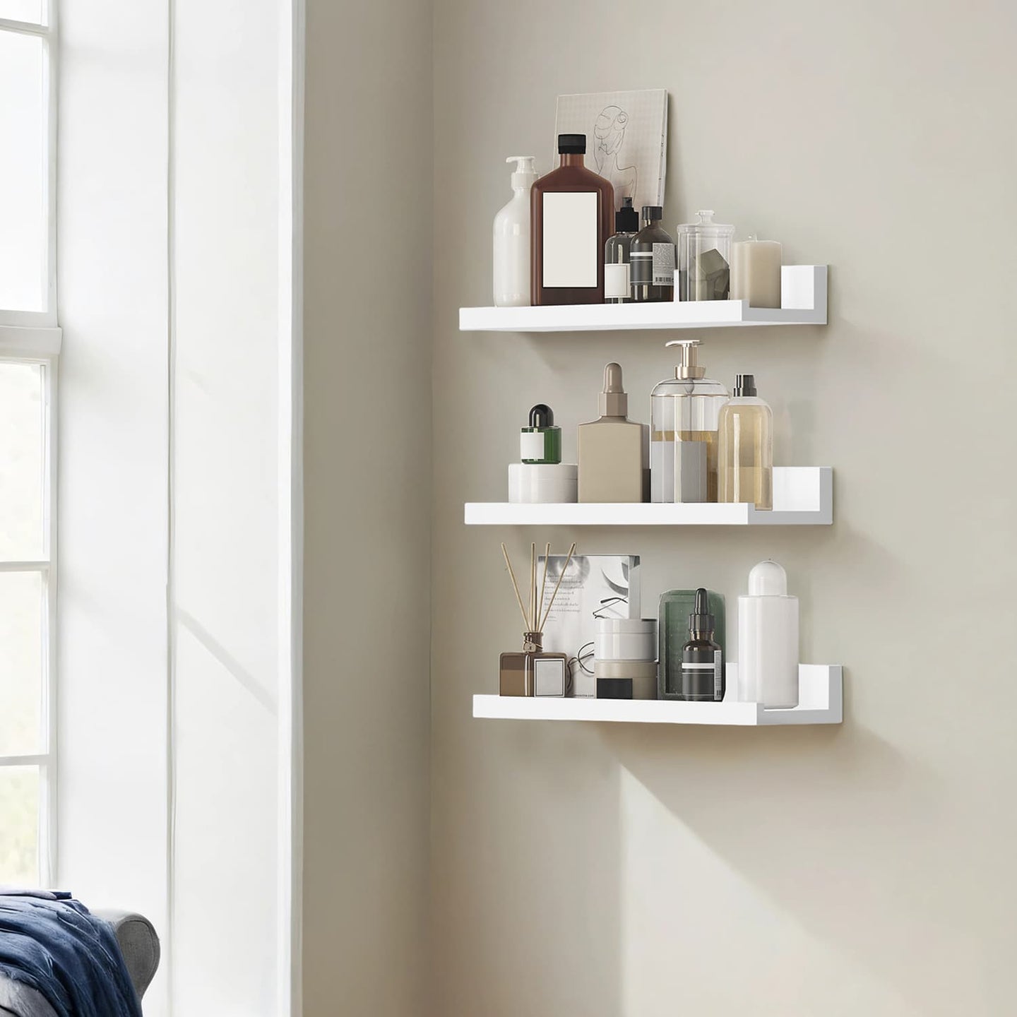 Floating Wall Shelves - Wood - White - Set of 3