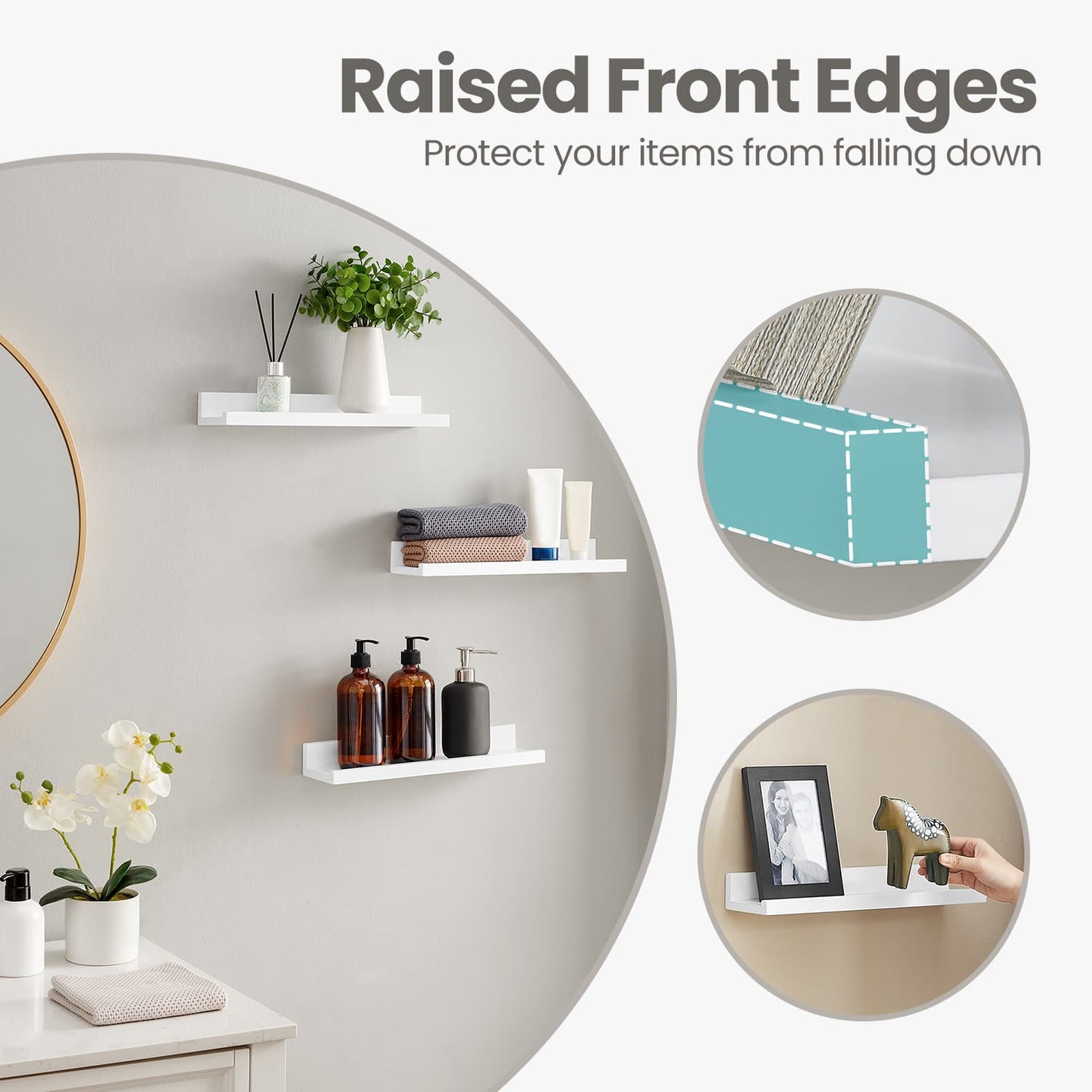 Floating Wall Shelves - Wood - White - Set of 3