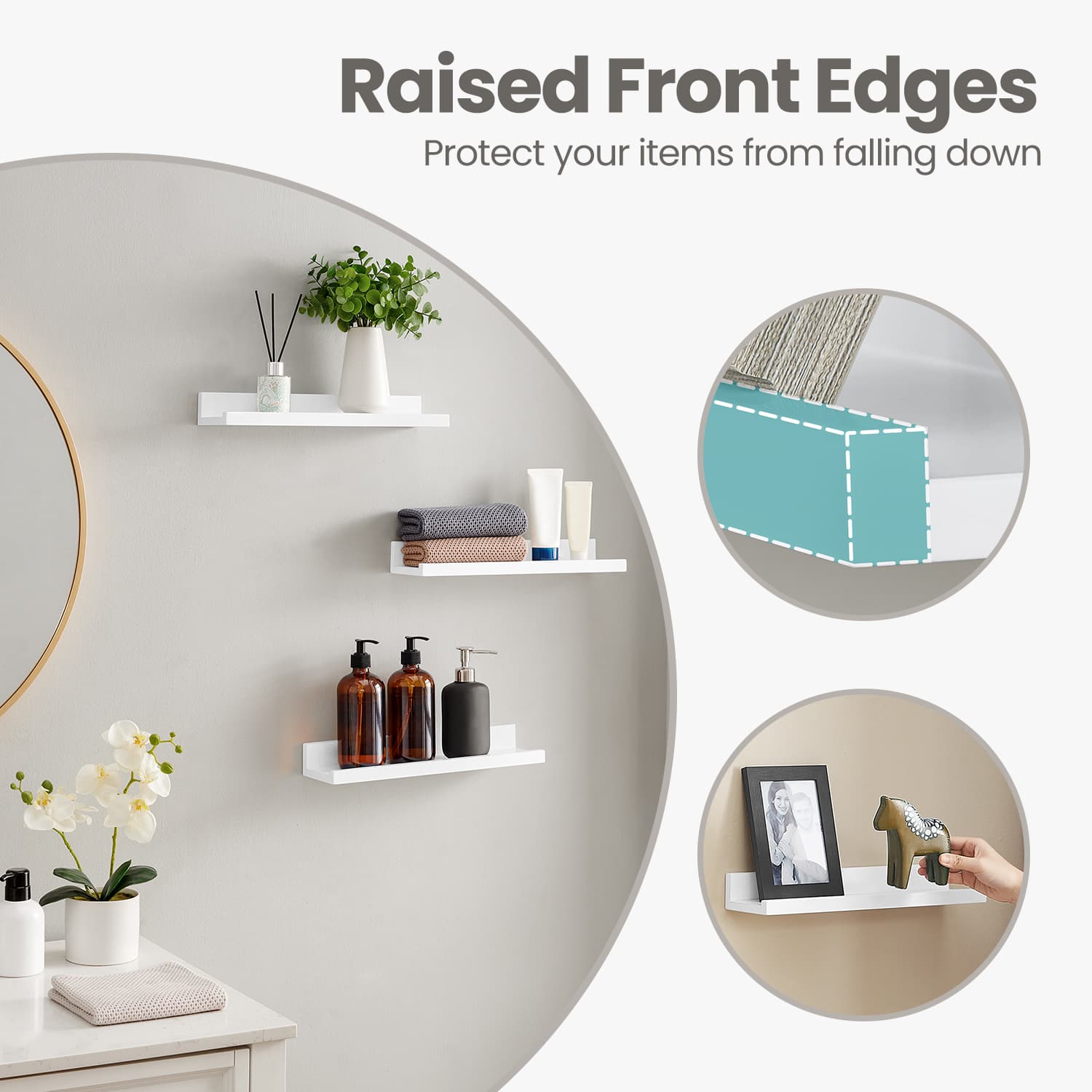 Floating Wall Shelves - Wood - White - Set of 3