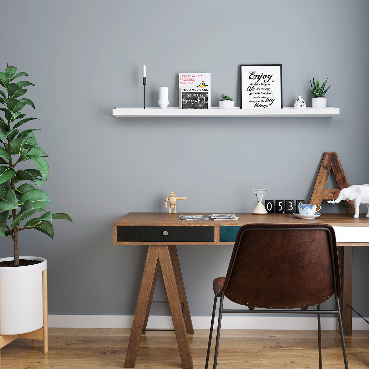 Floating Shelf - MDF - White - Long Design for Picture Frames and Books